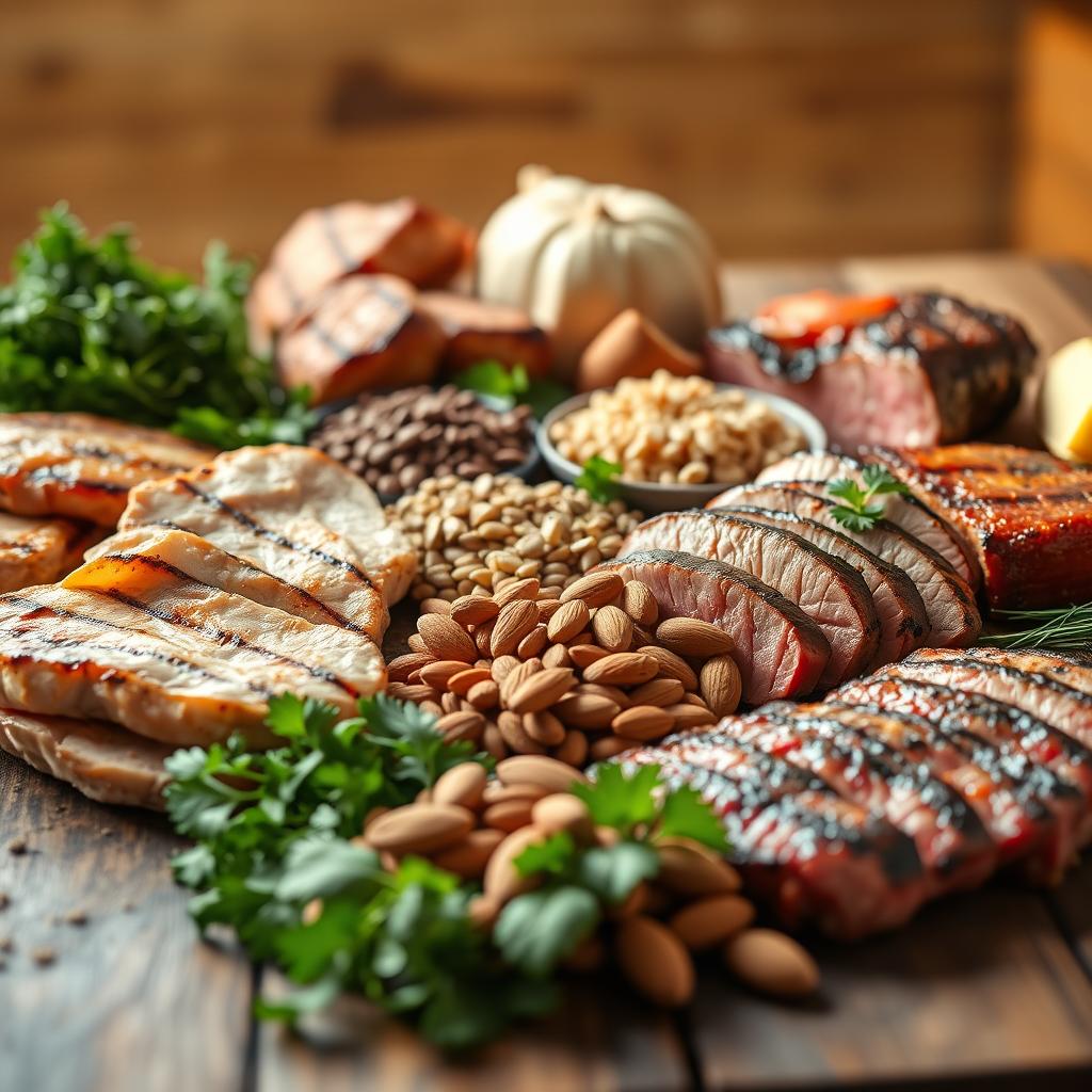 A bountiful assortment of fresh, high-quality protein sources arranged on a rustic wooden table, bathed in warm, natural lighting. In the foreground, an array of lean meats, including grilled chicken, tender steak, and juicy pork tenderloin, all expertly seared to perfection. In the middle ground, a variety of plant-based proteins, such as hearty lentils, protein-rich quinoa, and crunchy almonds, creating a visually appealing and balanced composition. The background features a backdrop of earthy, natural tones, evoking a sense of wellness and vitality. The overall scene conveys the message of a healthy, nutritious, and well-rounded approach to protein consumption.