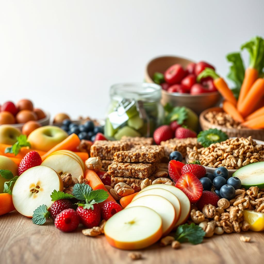 A bountiful spread of fresh, vibrant fruits, vegetables, and wholesome snacks arranged artfully on a wooden table. In the foreground, an assortment of sliced apples, juicy berries, crisp carrots, and crunchy nuts, all glistening under natural lighting. In the middle ground, a selection of homemade granola bars, energy bites, and trail mixes, each offering a delightful balance of flavors and textures. The background features a clean, minimalist backdrop, allowing the healthy treats to take center stage. The overall mood is clean, inviting, and bursting with natural goodness, perfectly capturing the essence of nourishing snacks that fuel the body and mind.