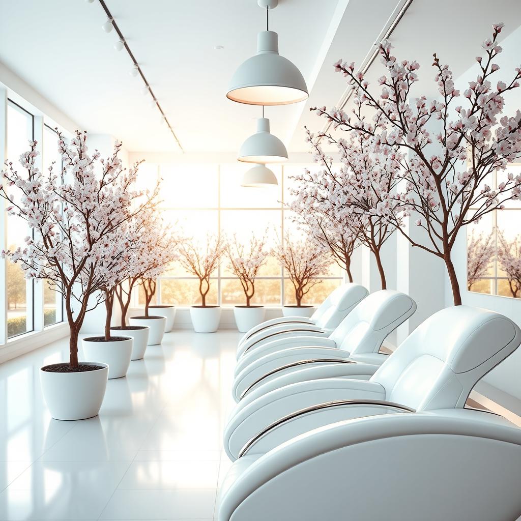 A bright, airy almond nail salon with a modern, minimalist aesthetic. In the foreground, a row of white manicure stations with sleek, curved lines and polished chrome accents. Midground, potted almond trees lining the walls, their delicate pink blossoms adding a touch of natural elegance. Backlit by large windows, the space is filled with warm, natural light, creating a serene and tranquil atmosphere. Overhead, modern pendant lamps with soft, diffused illumination cast a gentle glow. The overall vibe is one of timeless sophistication and pampering luxury, perfectly suited for the "Almond Nail Inspiration" article.