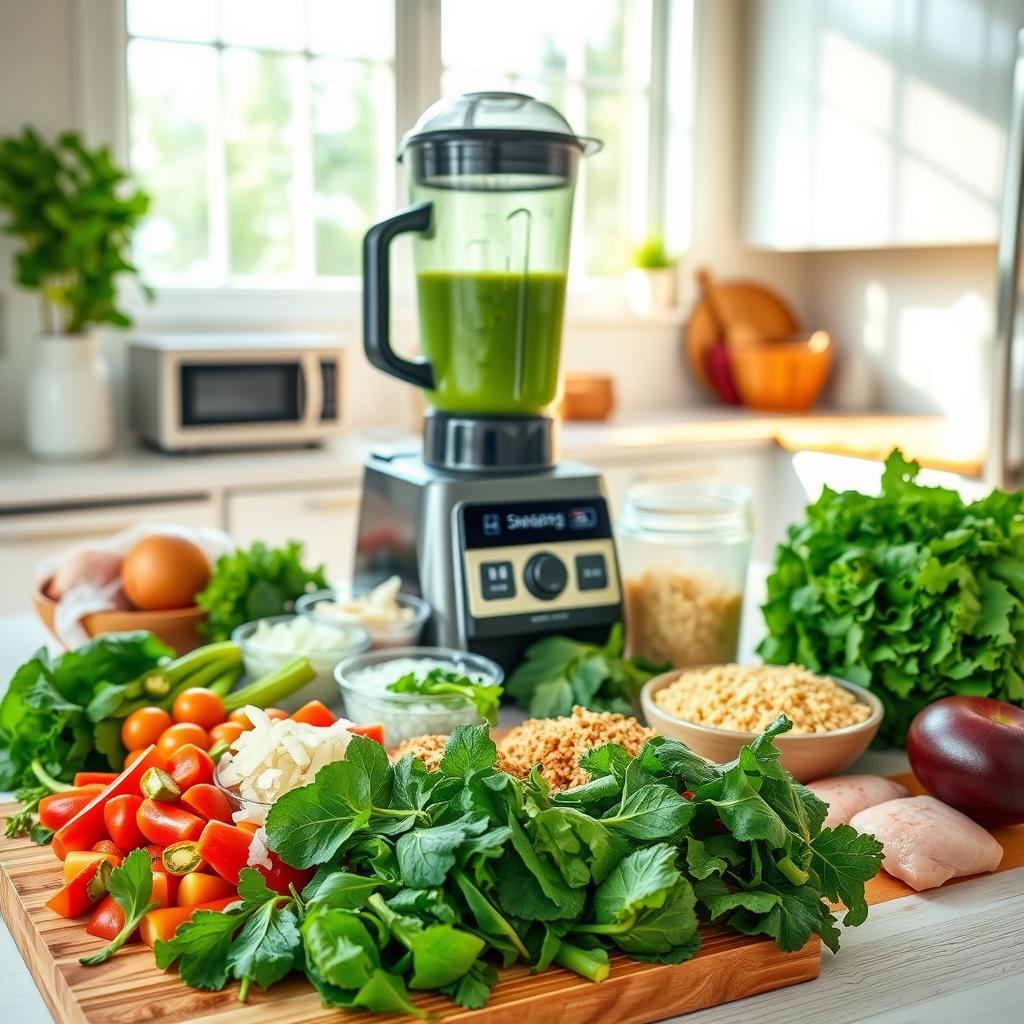 A bright, airy kitchen scene showcasing several healthy meal prep shortcuts. In the foreground, fresh produce like leafy greens, colorful veggies, and lean proteins are neatly arranged on a wooden cutting board. In the middle ground, a high-powered blender is in use, creating a vibrant green smoothie. On the countertop, a variety of prepped ingredients are visible, like pre-chopped onions, pre-cooked quinoa, and marinated chicken breasts. The background features energy-efficient appliances and clean, minimalist cabinetry. Soft, natural lighting filters in through large windows, creating a warm, inviting atmosphere. The overall scene conveys efficiency, healthy living, and the ability to create nutritious meals quickly.