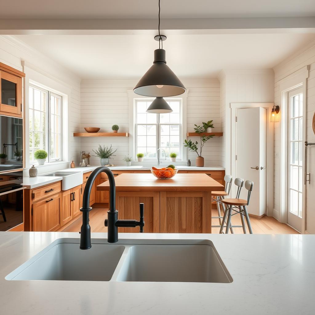 A bright, airy modern farmhouse kitchen with natural wood accents and a rustic charm. In the foreground, a large farmhouse-style sink with a matte black faucet sits beneath a wide, double-hung window. Warm, ambient lighting from sleek pendant lamps above cast a soft glow. The middle ground features a wood-paneled island with a butcher block countertop, complemented by vintage-inspired barstools. Surrounding the space, shiplap walls in a soothing neutral tone create a serene, inviting atmosphere. Hints of greenery from potted plants and a bowl of fresh produce lend a touch of organic elegance. Photographed with a wide-angle lens to capture the spacious, open layout that blends rustic and modern elements seamlessly.