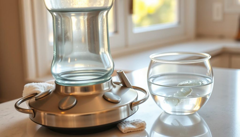 A bright, well-lit kitchen counter with a stainless steel hummingbird feeder prominently displayed. The feeder is being carefully cleaned with a soft cloth and a small bowl of clear, vinegar-based cleaning solution. The feeder's intricate parts are being meticulously scrubbed to remove any buildup or residue. Warm, natural sunlight streams in through a nearby window, creating a clean, refreshing atmosphere. The process is delicate and precise, underscoring the importance of maintaining a safe and hygienic environment for the hummingbirds. The overall scene conveys a sense of care, attention to detail, and a commitment to providing the best possible conditions for these beautiful, beloved creatures.