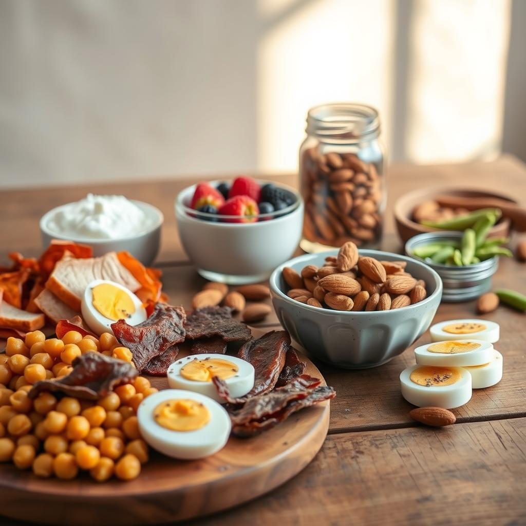 A carefully curated spread of high-protein snacks on a rustic wooden table, bathed in warm, natural lighting. In the foreground, a platter showcases roasted chickpeas, sliced turkey jerky, and hardboiled eggs. Beside it, a bowl of Greek yogurt with fresh berries and a sprinkle of chia seeds. In the middle ground, a glass jar filled with protein-rich trail mix, alongside a handful of raw almonds and a small bowl of protein-packed edamame. The background features a minimalist, earthy backdrop, emphasizing the wholesome, nourishing nature of these muscle-building snacks.