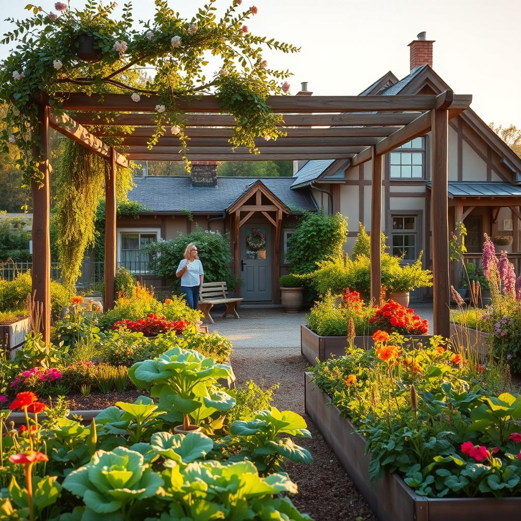 A charming farmhouse garden in the year 2025, bathed in warm golden light. In the foreground, a vibrant array of heirloom vegetables and fragrant herbs flourish in raised garden beds, their colors and textures creating a tapestry of natural beauty. Mid-ground, a rustic wooden pergola draped with cascading vines and blooming flowers frames a cozy seating area, inviting visitors to pause and admire the serene setting. In the background, a weathered farmhouse stands tall, its timeless architecture and earthy tones complementing the bucolic landscape. The overall atmosphere exudes a sense of timeless pastoral elegance, a harmonious blend of modern sustainability and nostalgic charm.