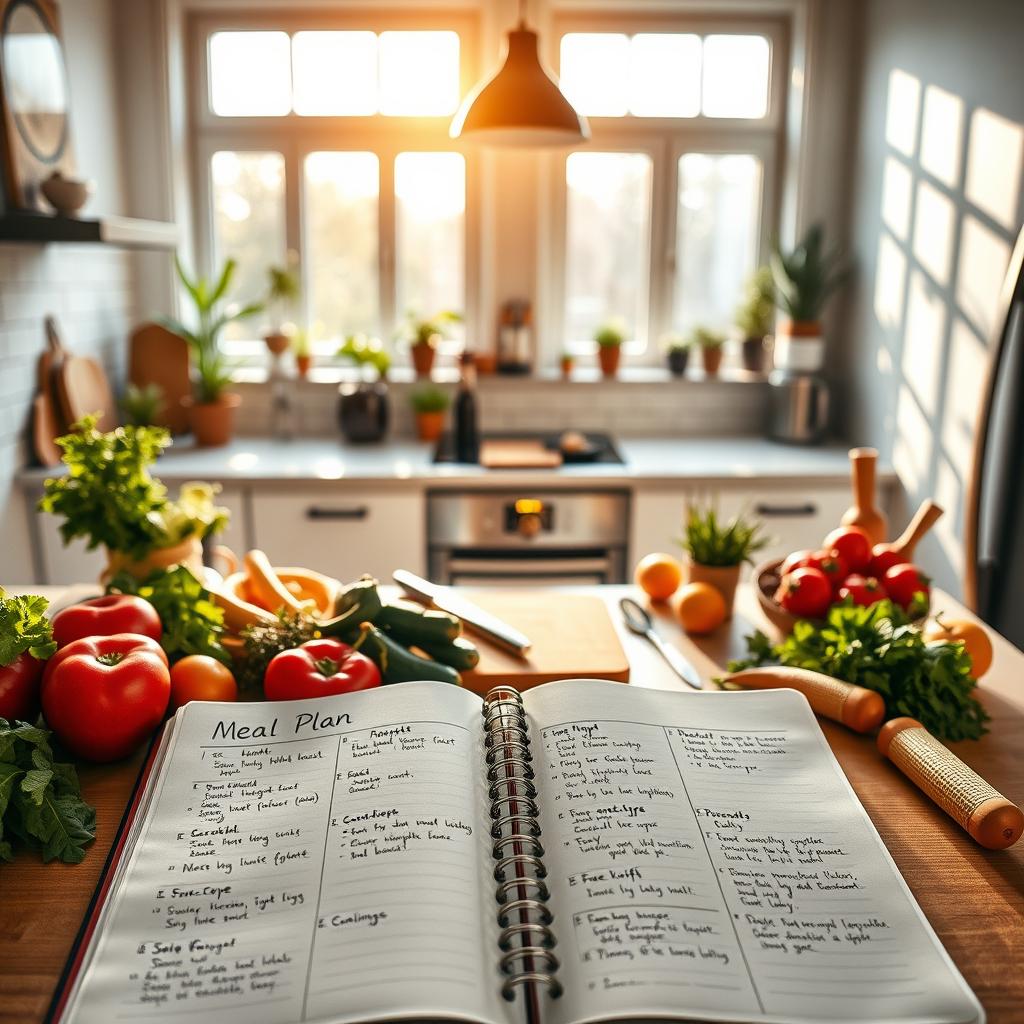 A cheerful and organized kitchen countertop, bathed in warm, natural light from large windows. In the foreground, an open notebook with handwritten meal plan outlines, surrounded by colorful fresh ingredients like vegetables, fruits, and herbs. In the middle ground, a hands-on scene of meal prep, with cutting boards, knives, and kitchen tools. The background features a minimalist, Scandinavian-inspired décor, with potted plants, a sleek appliance, and a simple, neutral-toned backsplash. The overall atmosphere conveys a sense of productivity, inspiration, and healthy living.