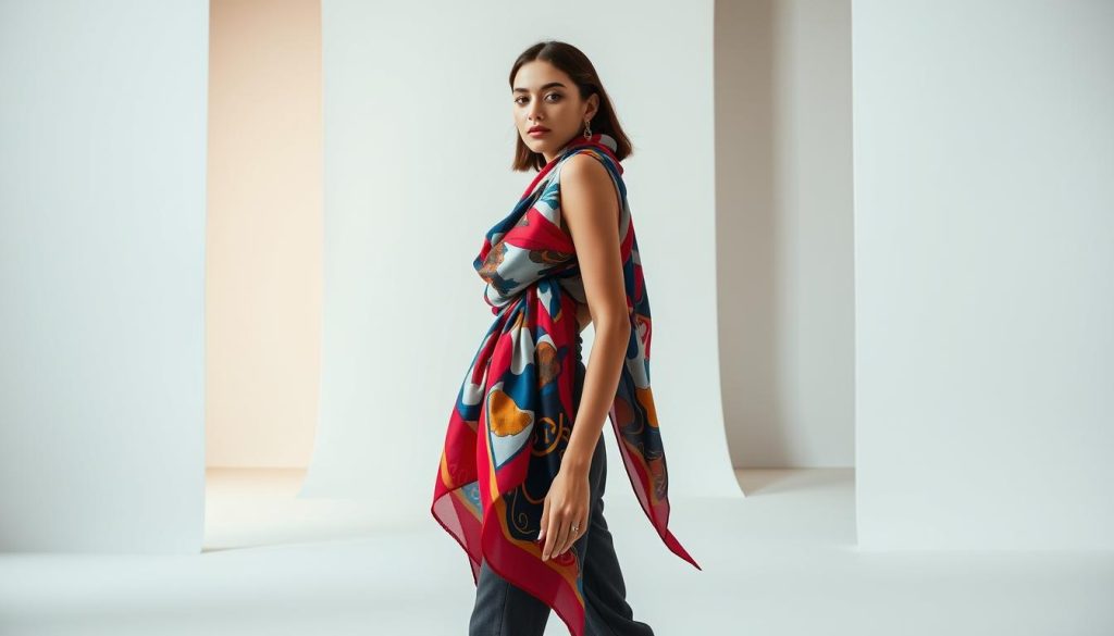 A chic and contemporary fashion scene, showcasing the latest scarf top trend. In the foreground, a model gracefully poses, wrapped in a vibrant, flowing scarf that cascades elegantly down her torso, accentuating her silhouette. The scarf's bold, abstract patterns and rich hues create a striking visual statement. The middle ground features a minimalist, modern backdrop, with clean lines and soft, diffused lighting, allowing the scarf top to be the focal point. In the background, a muted, neutral palette sets the stage, evoking a sense of timeless sophistication. The overall atmosphere exudes a refined, effortless elegance, capturing the essence of the scarf top as the must-have fashion item for the Summer Fashion Trends for 2025.