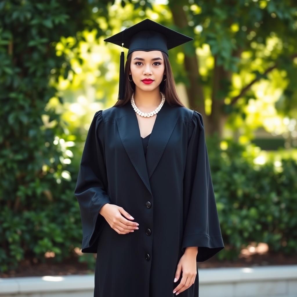A chic graduate wearing a tailored black gown and cap, accessories elevated with a delicate pearl necklace and designer leather pumps. The graduate stands elegantly against a backdrop of lush greenery, sunlight cascading through the leaves to create a soft, romantic atmosphere. The overall composition exudes a sense of refined sophistication and academic achievement. Shot with a prime lens, the focus is sharp on the graduate's poised expression, highlighting the importance of this milestone moment. This image encapsulates the essence of "Stylish Graduation Outfit Inspiration for Graduates."