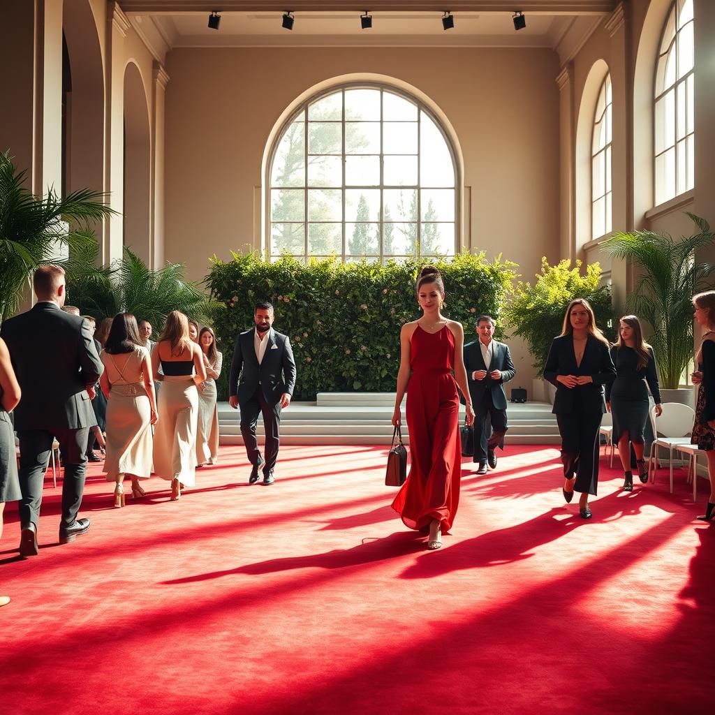 A chic, sophisticated graduation ceremony set in a grand, sun-drenched venue. In the foreground, elegant guests adorned in tailored suits, flowing dresses, and statement accessories stroll along a plush, crimson carpet. The middle ground reveals a stage with a minimalist, modern design, draped in a backdrop of lush, verdant foliage. Soft, warm lighting casts a sophisticated glow, complementing the refined, luxurious atmosphere. In the background, tall, arched windows allow natural light to flood the space, creating a serene, airy ambiance. The overall scene exudes a sense of timeless elegance and refinement, perfectly capturing the spirit of a chic graduation celebration.