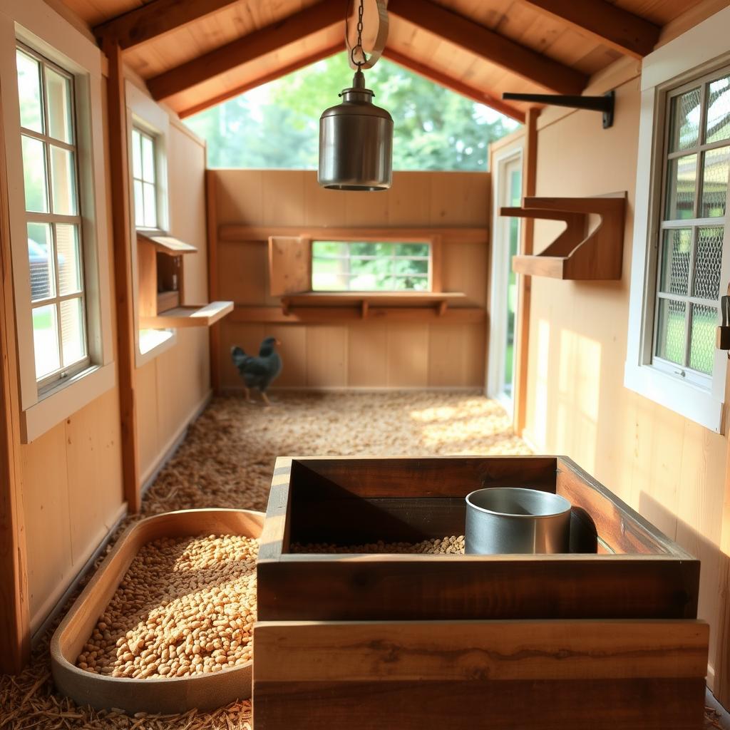 A cozy and inviting backyard chicken coop interior, featuring a well-designed feeding and watering station. A sturdy wooden trough filled with fresh chicken feed sits in the foreground, with a hanging metal waterer nearby. The station is illuminated by soft, natural lighting filtering in through the coop's windows, creating a warm and tranquil ambiance. The middle ground showcases a clean, spacious layout with perches and nesting boxes, while the background subtly hints at the lush greenery of the surrounding backyard. The entire scene conveys a sense of order, practicality, and a dedication to the well-being of the feathered residents.