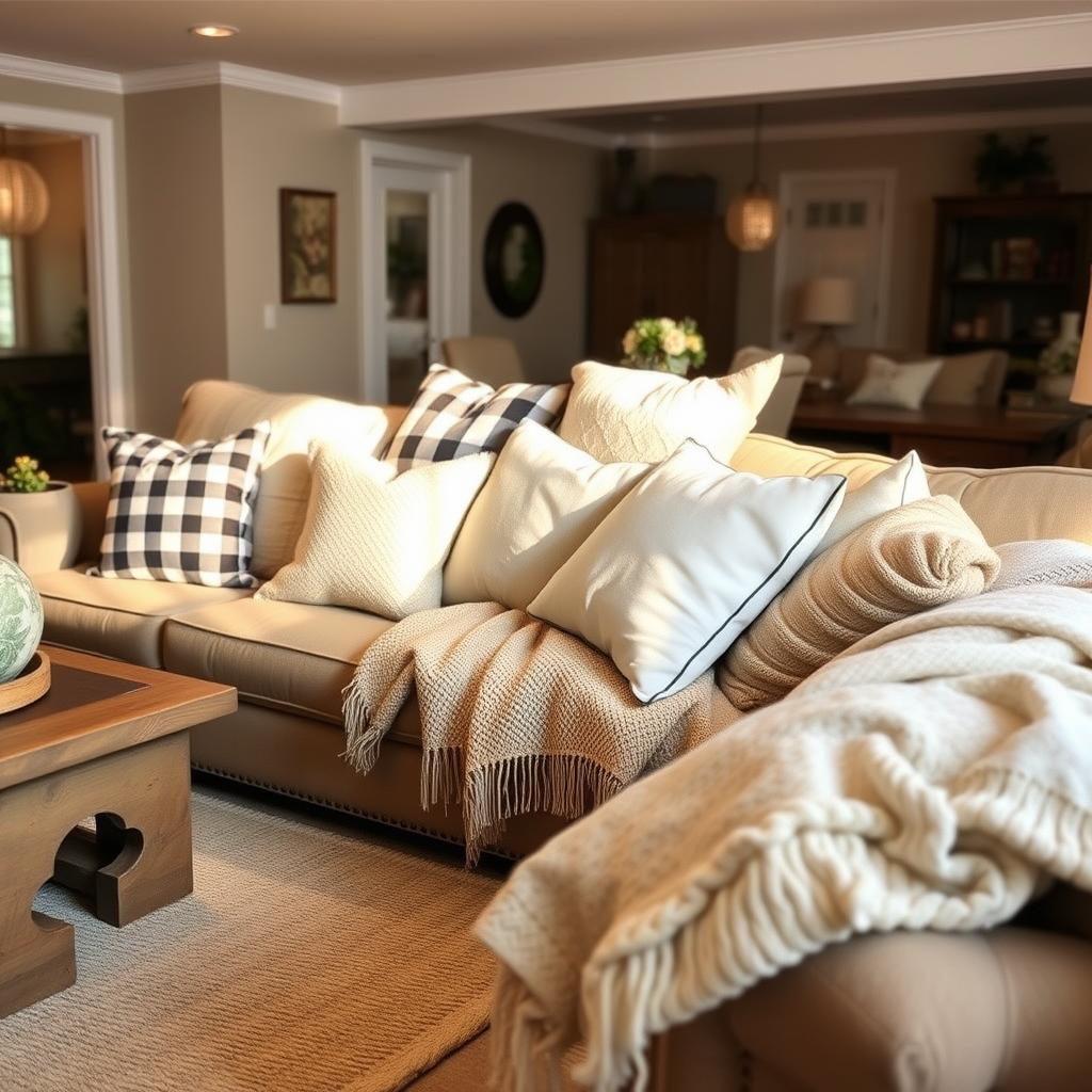 A cozy and inviting living room with plush, oversized pillows and soft, textured throws scattered across a comfortable sofa. The room is bathed in warm, golden lighting, creating a welcoming ambiance. The pillows feature a mix of rustic, farmhouse-inspired patterns, such as gingham, buffalo check, and soft, neutral hues. The throws are woven with natural fibers like wool or linen, adding layers of texture and coziness. The scene is framed by a rustic wooden coffee table and a cozy, neutral-toned area rug, completing the farmhouse-inspired, hygge-inspired aesthetic.