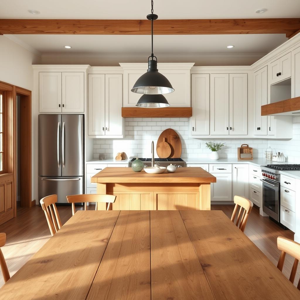 A cozy and inviting modern farmhouse kitchen, bathed in soft, neutral tones and warm wood accents. The foreground features a rustic wooden dining table with simple, minimalist chairs. In the middle ground, a large, farmhouse-style kitchen island with a butcher block top stands as the centerpiece, complemented by sleek pendant lighting. The background showcases crisp white shaker-style cabinets and a subway tile backsplash, creating a harmonious and balanced composition. The overall scene exudes a sense of tranquility and timeless charm, perfect for a serene and inviting kitchen space.