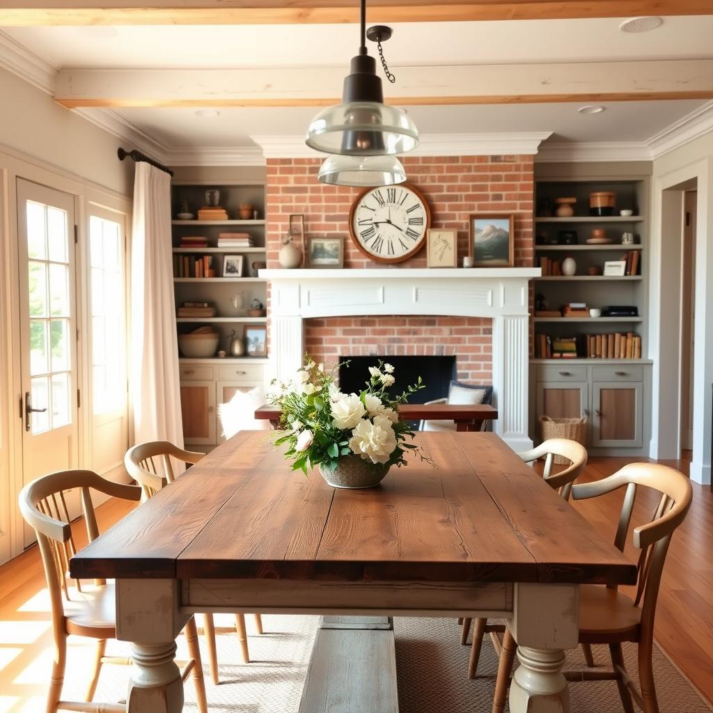 A cozy and inviting vintage modern farmhouse interior, bathed in warm, natural light filtering through large windows. In the foreground, a rustic wooden farmhouse table with distressed accents, paired with a mix of vintage and contemporary dining chairs. On the table, a beautiful floral centerpiece adds a touch of organic elegance. The middle ground features a reclaimed wood console table, adorned with vintage-inspired decor pieces and family photographs. In the background, a brick fireplace with a whitewashed mantel creates a focal point, surrounded by built-in shelves displaying a curated collection of antique books and eclectic trinkets. Soft, neutral-toned textiles and natural textures, such as linen and woven baskets, add warmth and depth to the space, while modern lighting fixtures provide a harmonious blend of old and new.