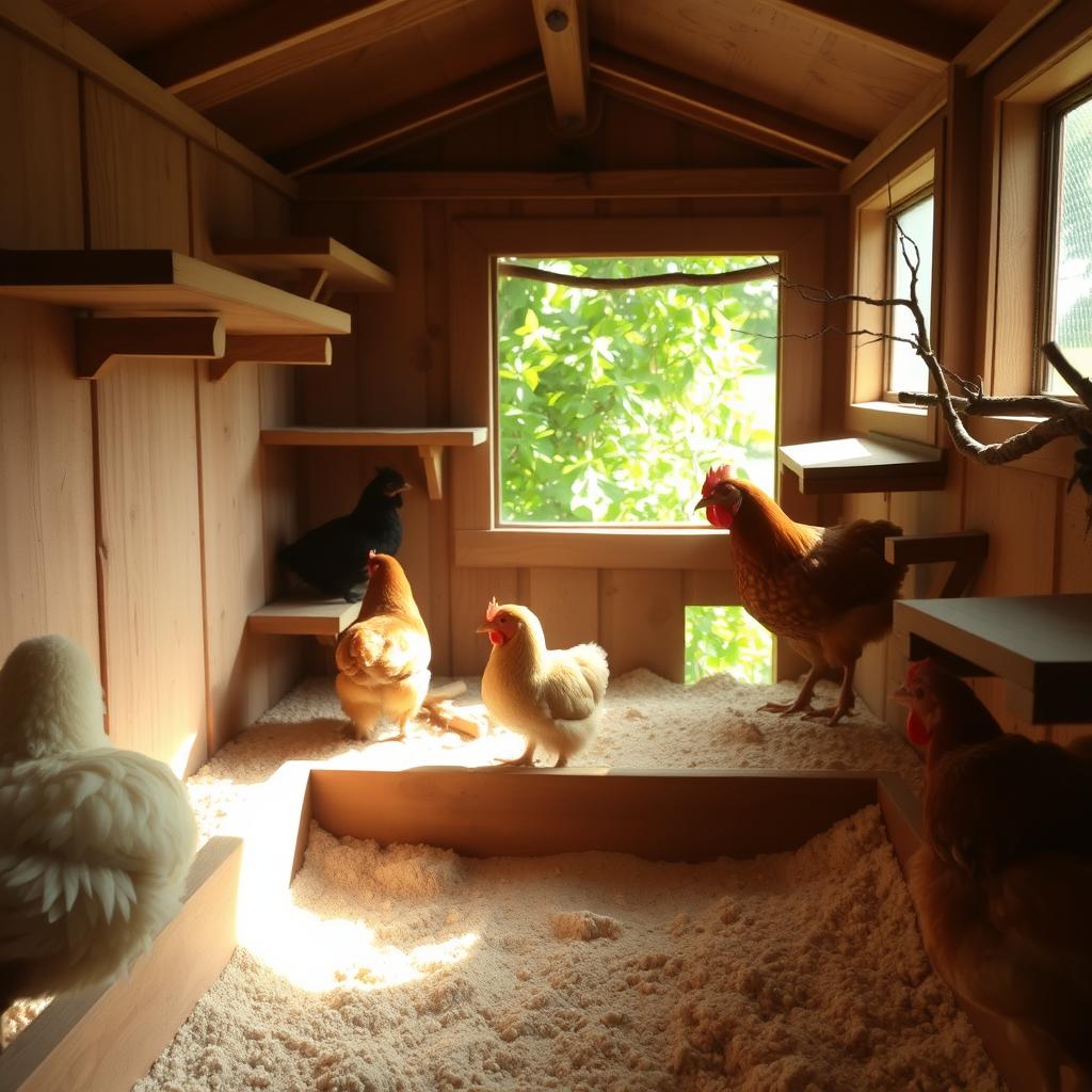 A cozy backyard chicken coop interior, with a well-designed dust bath area and perch variations. Soft morning light filters through the windows, casting a warm glow on the scene. In the foreground, a shallow trough filled with fine, aromatic dust invites the hens to fluff and flutter, cleansing their feathers. Elevated perches of varying heights line the walls, offering the birds a sense of security and comfort as they rest and preen. The middle ground showcases a variety of perch designs, from sturdy wooden beams to smooth, curved branches, accommodating the hens' natural roosting preferences. The background features lush greenery peeking through the coop's open windows, creating a harmonious, nature-inspired atmosphere for the content, contented flock.
