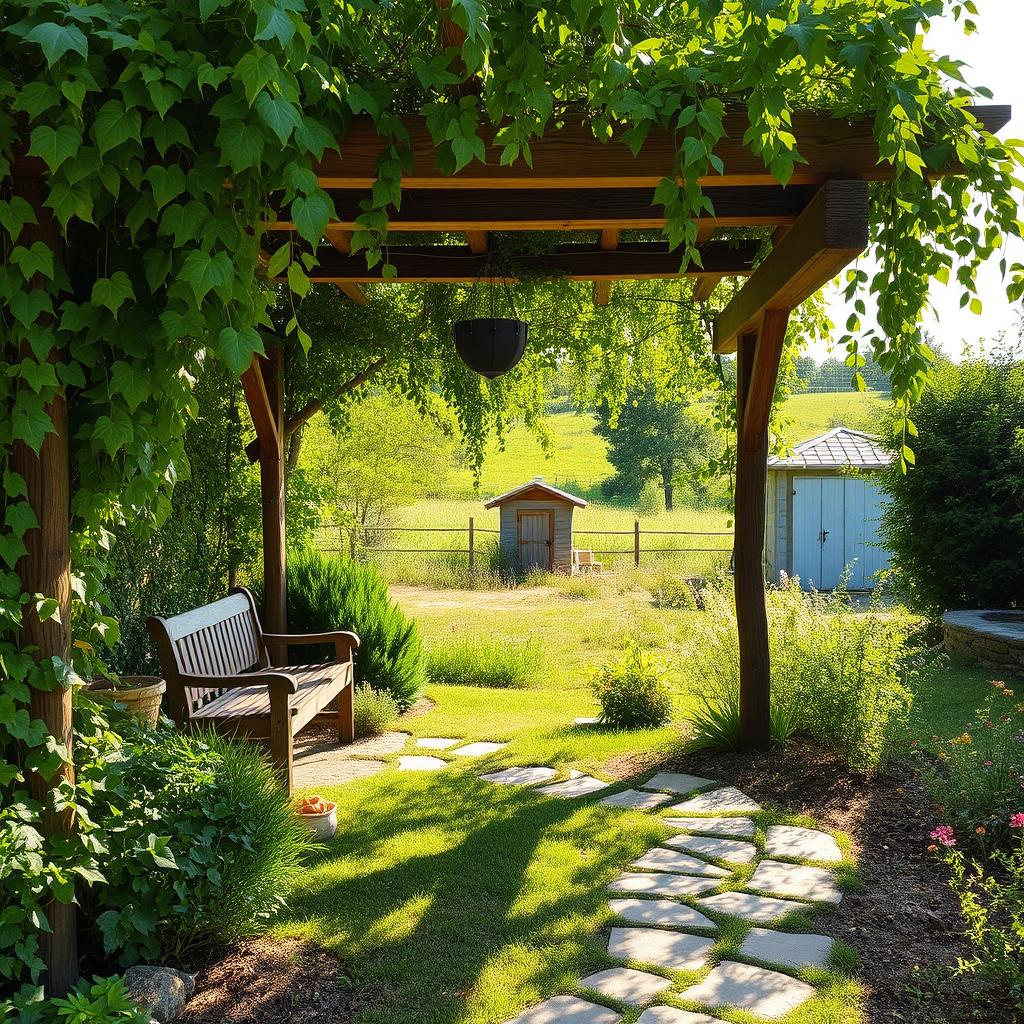 A cozy backyard retreat nestled amidst lush greenery, with a weathered wooden pergola overhead, dripping with cascading vines. In the foreground, a winding stone path leads to a secluded seating area, where a rustic wooden bench invites relaxation. Dappled sunlight filters through the foliage, casting a warm, golden glow over the scene. In the middle ground, a charming garden shed stands, its weathered boards complementing the pastoral aesthetic. Beyond, a rolling meadow stretches out, dotted with wildflowers swaying in the gentle breeze. The overall atmosphere is one of tranquility and escape, a serene oasis in the heart of the countryside.