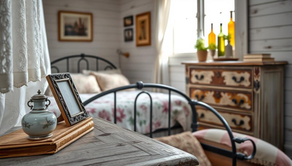 A cozy farmhouse bedroom, bathed in soft, natural light filtering through lace curtains. In the foreground, an eclectic collection of vintage decorative accents adorns the weathered wood nightstand - a delicate porcelain vase, a tarnished silver picture frame, and a faded leather-bound book. In the middle ground, a worn floral quilt covers the wrought-iron bed, while a distressed dresser with intricate hardware stands against the shiplap wall. The background features a rustic windowsill, adorned with a cluster of antique glass bottles and a potted succulent. The overall mood is one of timeless elegance and a sense of collected history.