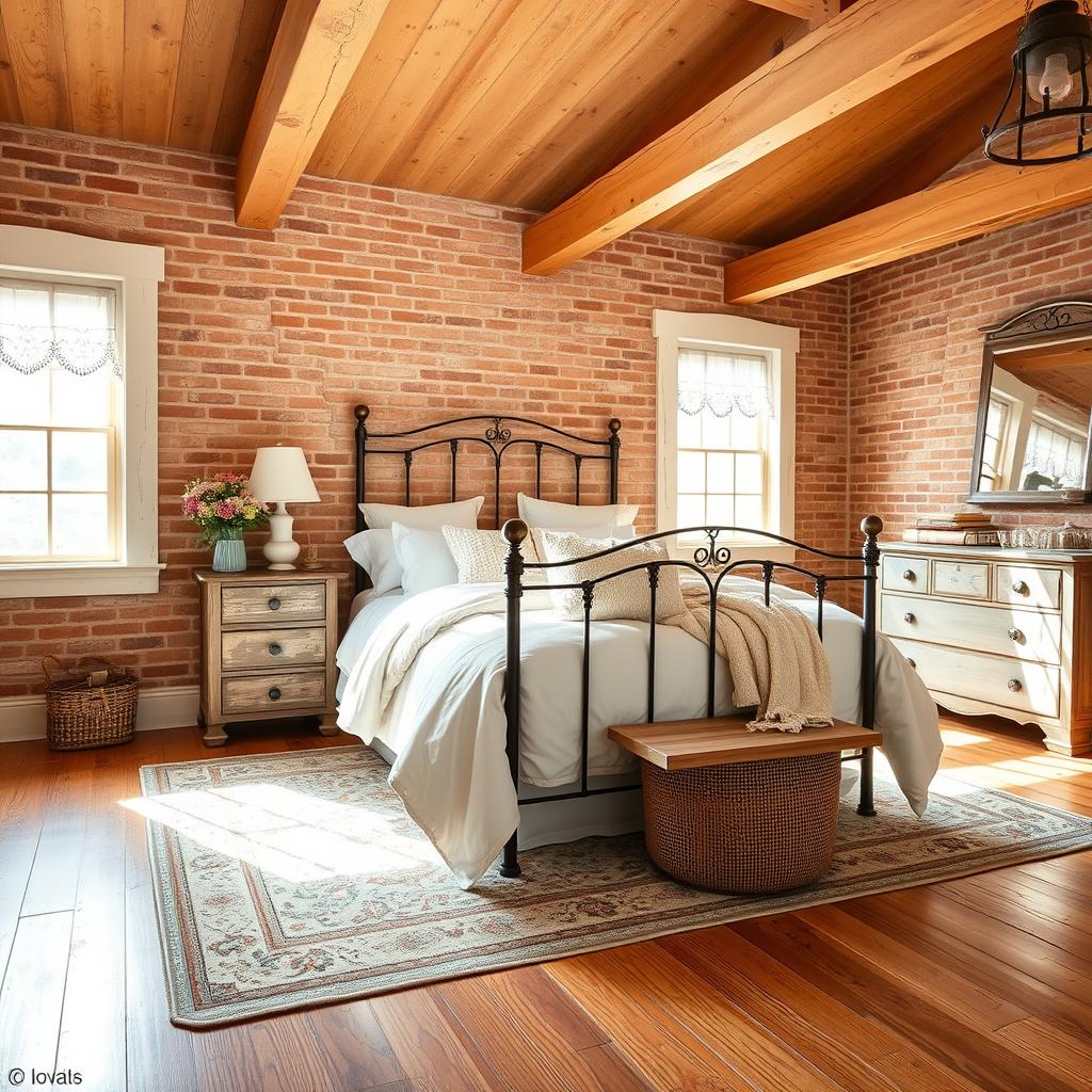 A cozy farmhouse bedroom in soft, natural tones. Warm wooden beams and exposed brick walls create a rustic, inviting atmosphere. A wrought-iron bed is draped in crisp white linens, accented by plush, textured throws and pillows. Sunlight streams through lace-curtained windows, casting a gentle glow on the weathered wooden nightstands and dresser. A vintage area rug covers the wide-plank hardwood floor, completing the serene, pastoral aesthetic. Subtle floral accents and a vase of fresh-cut wildflowers add a touch of countryside charm. The overall effect is a tranquil, harmonious space that embodies the essence of farmhouse style.