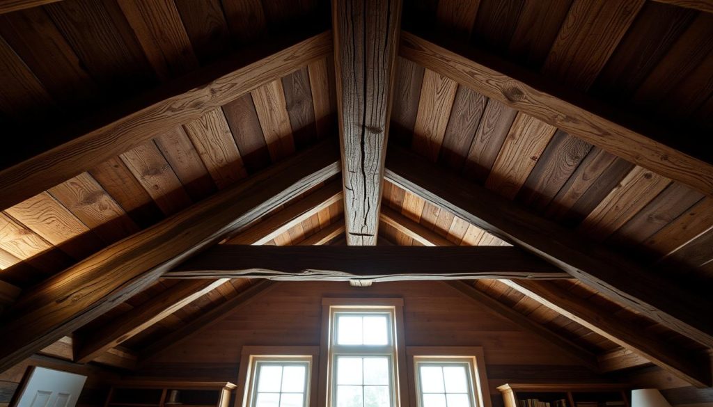 A cozy farmhouse bedroom, its exposed wooden ceiling beams casting a warm, rustic glow. The beams, weathered and textured, stretch across the frame, their natural grain and knots visible. Soft, diffused lighting from windows filters through, casting gentle shadows that accentuate the architectural details. The beams appear to be hewn from reclaimed timber, adding an authentic, vintage charm to the space. The camera angle captures the beams from a low perspective, emphasizing their height and the sense of openness in the room. An atmosphere of timeless comfort and country elegance permeates the scene.