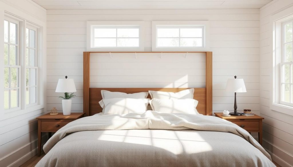 A cozy farmhouse bedroom with a stunning shiplap wall treatment. Crisp white shiplap boards stretch from floor to ceiling, creating a warm, rustic backdrop. Soft, natural lighting filters through large windows, casting a gentle glow across the textured surface. The shiplap's subtle horizontal lines add depth and visual interest, telling a story of timeless craftsmanship. In the foreground, a plush, neutral-toned bedding set complements the wall treatment, evoking a sense of timeless comfort and style. The overall scene exudes a welcoming, tranquil atmosphere, perfectly suited for a serene farmhouse-inspired bedroom.