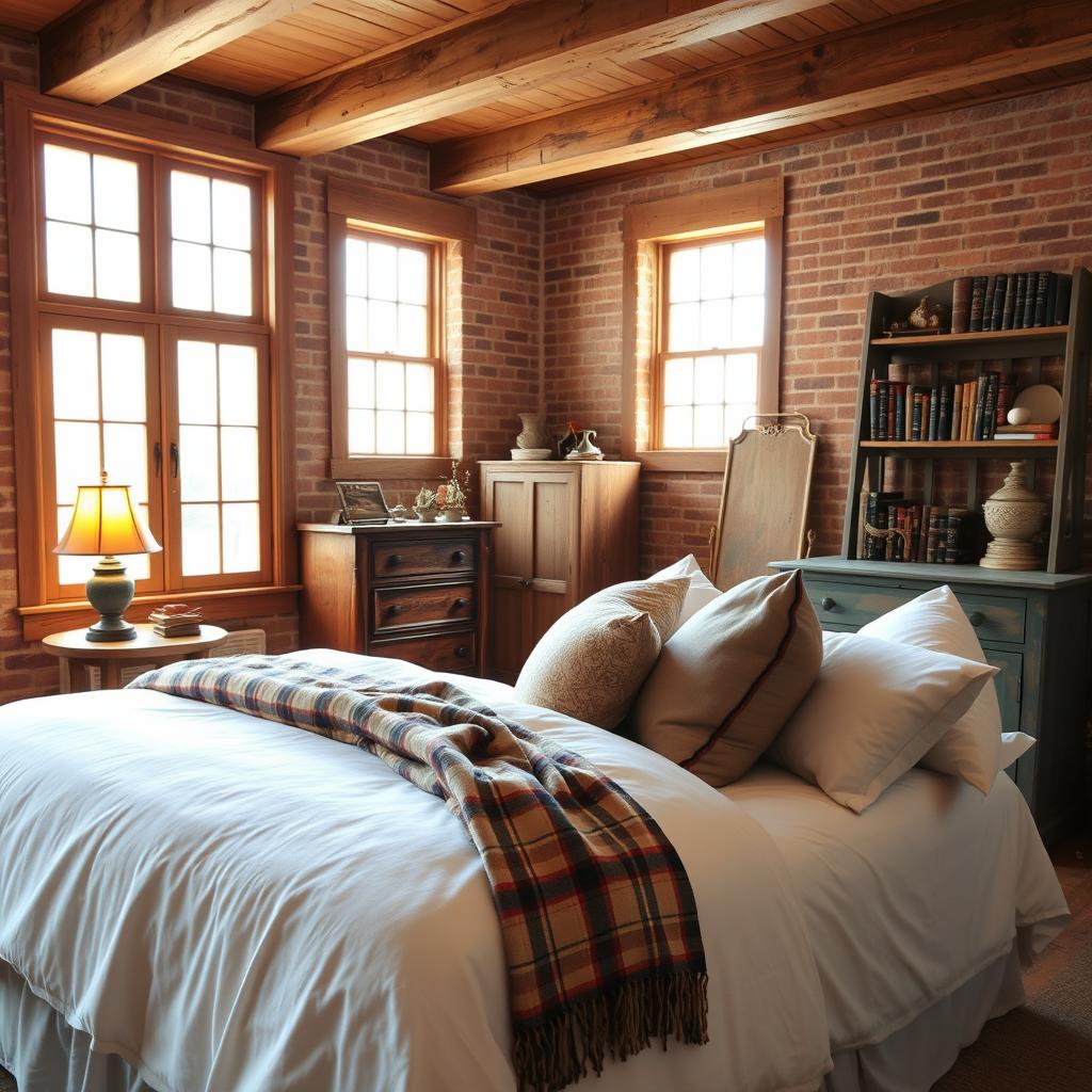 A cozy farmhouse bedroom with rustic charm. Warm natural lighting floods the space through large windows, casting a soft glow on the wooden beams and exposed brick walls. In the foreground, a plush queen-sized bed is adorned with crisp white linens, plaid throws, and an array of decorative pillows. A distressed wooden nightstand holds a vintage table lamp, its soft amber light complementing the overall ambiance. In the middle ground, an antique dresser stands against the wall, its weathered surface adding character. In the background, a reclaimed wood bookshelf displays a collection of well-worn novels and decorative accents, hinting at the room's lived-in comfort.