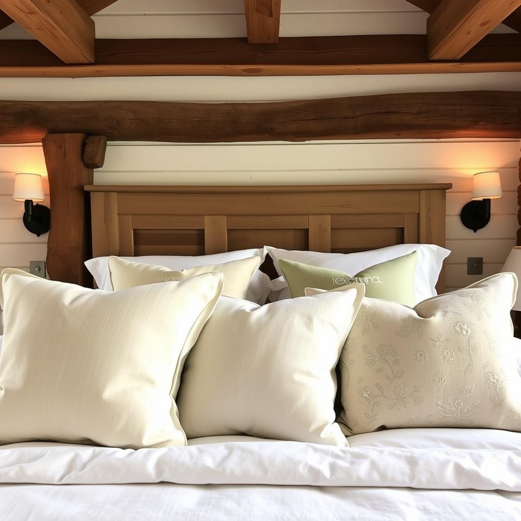 A cozy farmhouse bedroom with soft, inviting pillows and bedding. In the foreground, plush down-filled pillows in neutral tones like ivory, oatmeal, and soft sage accented with textured linen and vintage-inspired floral patterns. The bedding features crisp white cotton sheets with a light, airy duvet cover in a natural linen hue. The middle ground showcases a rustic wooden headboard with subtle distressing, complemented by warm lighting from sconces on either side casting a gentle glow. In the background, wooden beams, exposed brick, and whitewashed shiplap walls create a serene, country-chic ambiance. The overall scene evokes a sense of comfort, relaxation, and simple elegance.