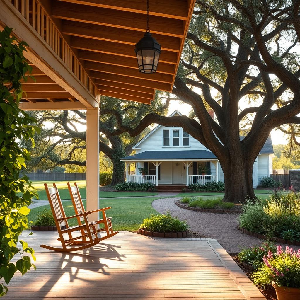 A cozy farmhouse courtyard with a rustic charm, bathed in warm, golden light. In the foreground, a sprawling porch with weathered wooden beams and a pair of inviting rocking chairs. Lush, climbing vines adorn the porch's facade, casting gentle shadows. In the middle ground, a quaint, two-story farmhouse with a gabled roof and whitewashed siding. Mature oak trees frame the scene, their branches swaying gently. A brick pathway leads to a charming garden, where vibrant flowers and aromatic herbs sway in the breeze. The overall atmosphere exudes a sense of peaceful retreat, perfect for a relaxing farmhouse renovation.