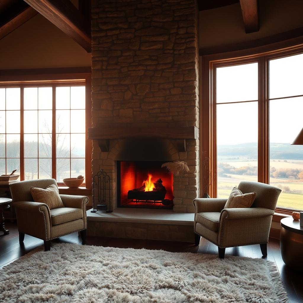 A cozy farmhouse fireplace with a large stone hearth, bathed in warm, natural lighting. The crackling flames cast a soft, inviting glow across the rustic wooden mantel and exposed stone walls. In the foreground, a plush area rug and a pair of comfortable armchairs invite you to relax and unwind. The scene is framed by a large window, offering a panoramic view of a picturesque pastoral landscape beyond. The overall atmosphere is one of serene, country elegance - a perfect gathering spot for family and friends on a chilly autumn evening.