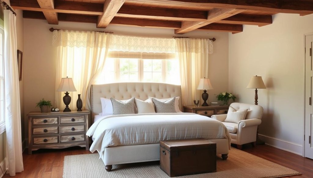 A cozy farmhouse-inspired guest bedroom with warm neutral tones and rustic accents. A plush, tufted headboard in cream linen frames the central bed, flanked by distressed wood nightstands. Sheer, lace-trimmed curtains filter soft natural light, casting a gentle glow. Antique-inspired lamps with tapered shades sit atop the nightstands. In the corner, a comfy armchair invites relaxation, positioned near a vintage trunk. Exposed wood beams on the ceiling and a woven area rug complete the welcoming, homey atmosphere.