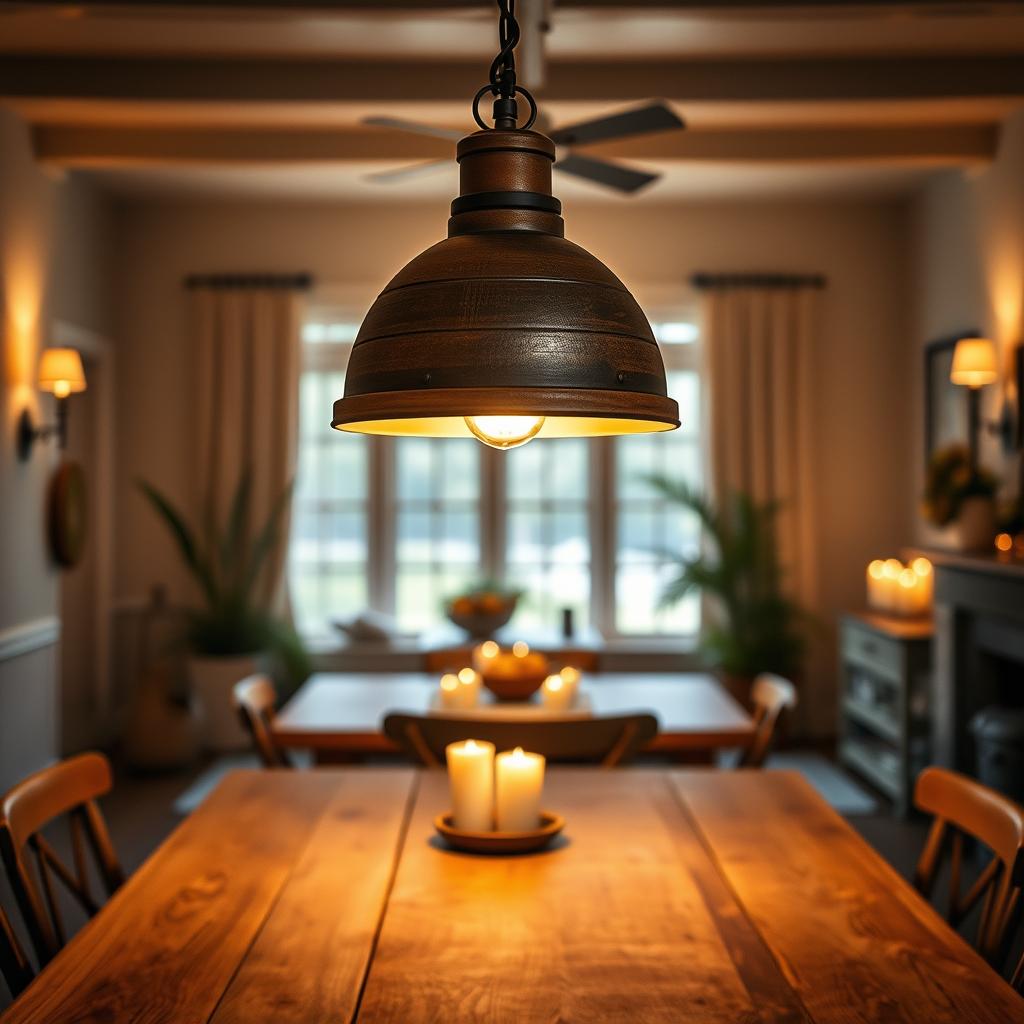 A cozy farmhouse interior bathed in warm, inviting lighting. In the foreground, a wooden farmhouse-style pendant light casts a soft glow over a rustic dining table, its vintage-inspired design complementing the weathered wood and neutral tones. In the middle ground, wall sconces flank a large window, illuminating the space with a gentle, ambient light. In the background, a mix of task lighting and candlelight creates a harmonious, intimate atmosphere, highlighting the natural textures and earthy tones of the decor. The overall scene conveys a sense of timeless, effortless elegance, perfectly suited for the "Lighting That Elevates the Space" section of the "Embrace the Farmhouse Chic: 2025 Home Accents" article.