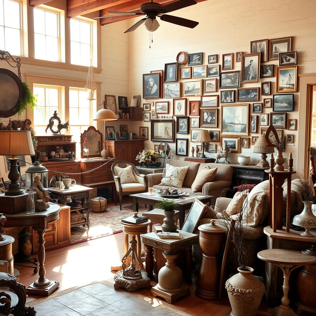 A cozy farmhouse interior, bathed in warm, natural light streaming through large windows. In the foreground, an assortment of mismatched decor items haphazardly placed, creating a cluttered and disorganized look. Overly ornate and dated pieces clash with rustic elements, disrupting the harmonious farmhouse aesthetic. The middle ground features a mix of worn, vintage furnishings and modern farmhouse accents, illustrating a lack of cohesive design. In the background, a wall adorned with an excessive number of framed photos and artwork, overwhelming the senses. The overall scene conveys a sense of visual chaos, highlighting the importance of carefully curating farmhouse decor to achieve a refined, inviting space.