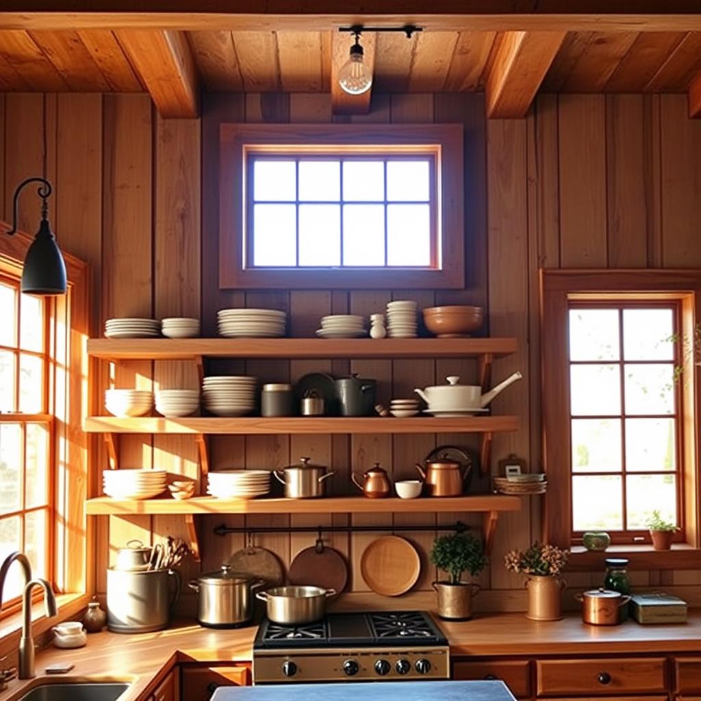 A cozy farmhouse kitchen with open wood shelving taking center stage. Warm, natural light filters through large windows, casting a soft glow on the weathered wood accents. The shelves display a carefully curated collection of ceramic dishes, copper pots, and rustic decor, creating a charming, lived-in feel. The overall atmosphere is one of relaxed elegance, inviting the viewer to imagine preparing a hearty meal or gathering with friends and family in this inviting space.