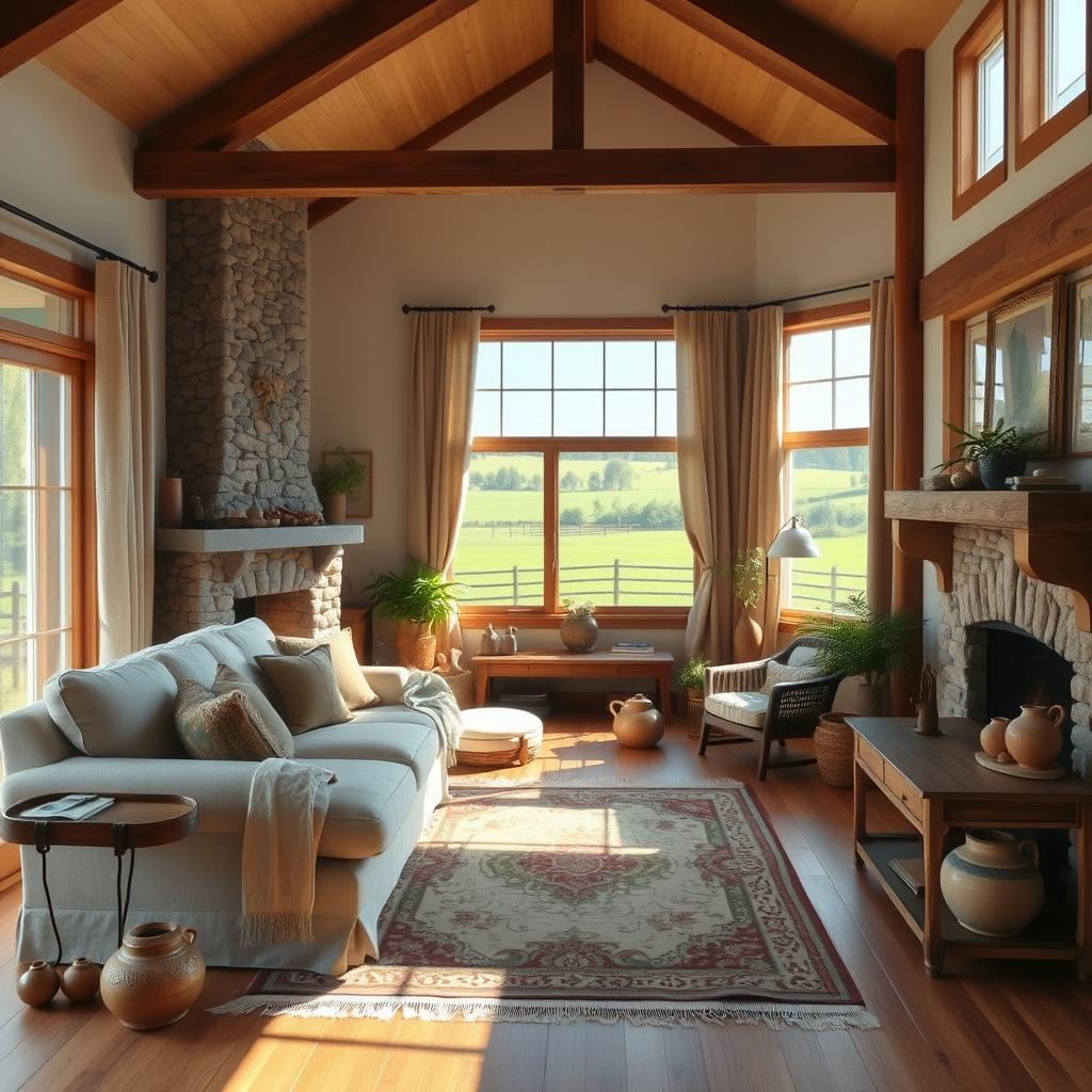 A cozy farmhouse living room bathed in warm, natural light. A plush, overstuffed sofa in a neutral palette sits atop a vintage area rug, complemented by rustic, wooden end tables. In the corner, a stone fireplace with a sturdy, weathered mantel serves as the focal point, its crackling flames casting a soft glow. Tall, wooden beams stretch across the ceiling, while large windows offer a picturesque view of a lush, pastoral landscape outside. Linen curtains gently billow in the breeze, adding to the room's charming, countryside ambiance. Accents of greenery, pottery, and antique decor complete the inviting, farmhouse-chic aesthetic.