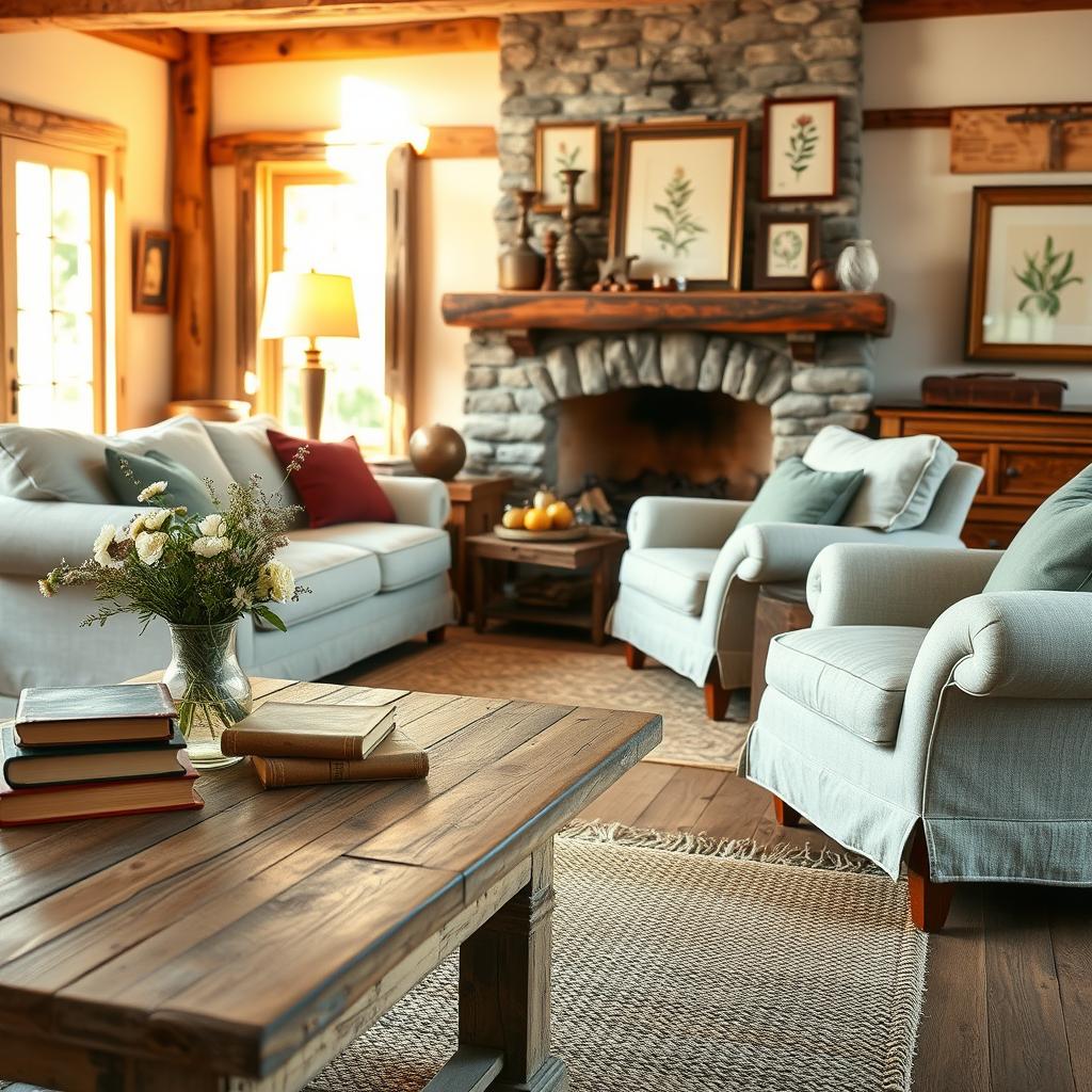 A cozy farmhouse living room filled with rustic furniture and charming decor. In the foreground, a weathered wooden coffee table adorned with a vase of wildflowers and a stack of vintage books. Midground showcases a plush linen sofa and armchair, complemented by a woven area rug and a brass floor lamp casting a warm glow. In the background, a stone fireplace with a mantle decorated with antique trinkets and framed botanical prints. Sunlight streams through large windows, illuminating the space and highlighting the natural textures of the wood, leather, and aged metals. An atmosphere of comforting farmhouse style and inviting ambiance.