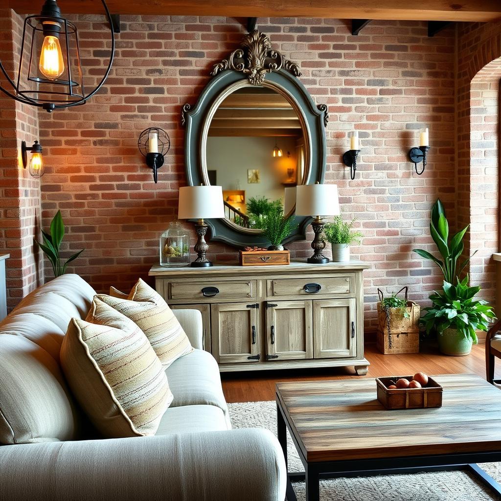 A cozy farmhouse living room, with a mix of rustic and modern decor elements. In the foreground, a plush, overstuffed sofa adorned with vintage-inspired throw pillows. Nearby, an industrial-style coffee table with a distressed wood top and metal frame. In the middle ground, a large, ornate mirror hangs above a weathered wooden console table, complemented by a pair of sleek, contemporary table lamps. The background features exposed brick walls, warm lighting from a mix of vintage-style pendant lights and wall sconces, and a touch of greenery from potted plants. The overall atmosphere is one of a harmonious blend of old and new, creating a inviting and comfortable space.