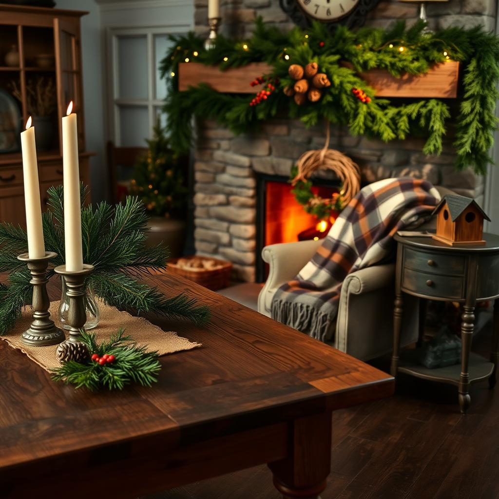 A cozy farmhouse scene with seasonal holiday decor. In the foreground, a rustic wooden table adorned with a burlap runner, a vase of fresh pine sprigs, and a cluster of ivory pillar candles. In the middle ground, a vintage armchair draped with a plaid wool blanket, alongside a weathered side table displaying a straw wreath and a wooden birdhouse. In the background, a stone fireplace mantel decorated with garlands of evergreen, pinecones, and red berries, casting a warm, golden glow across the room. The lighting is soft and natural, creating a charming, inviting atmosphere.
