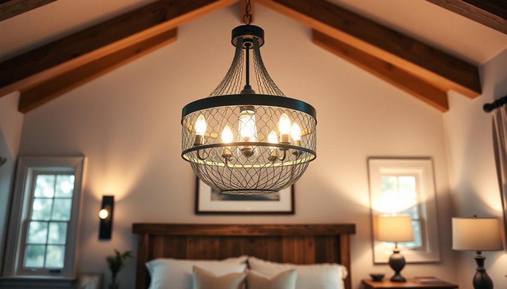 A cozy farmhouse-style bedroom illuminated by a modern chandelier, its intricate metalwork casting a warm glow throughout the space. The fixture's clean lines and mix of industrial and rustic elements complement the room's neutral color palette and natural wood furnishings. Soft ambient lighting from wall sconces and a table lamp add depth and atmosphere, creating a harmonious balance between traditional and contemporary design. The overall lighting setup enhances the farmhouse's timeless charm, making it the perfect focal point to anchor the space.