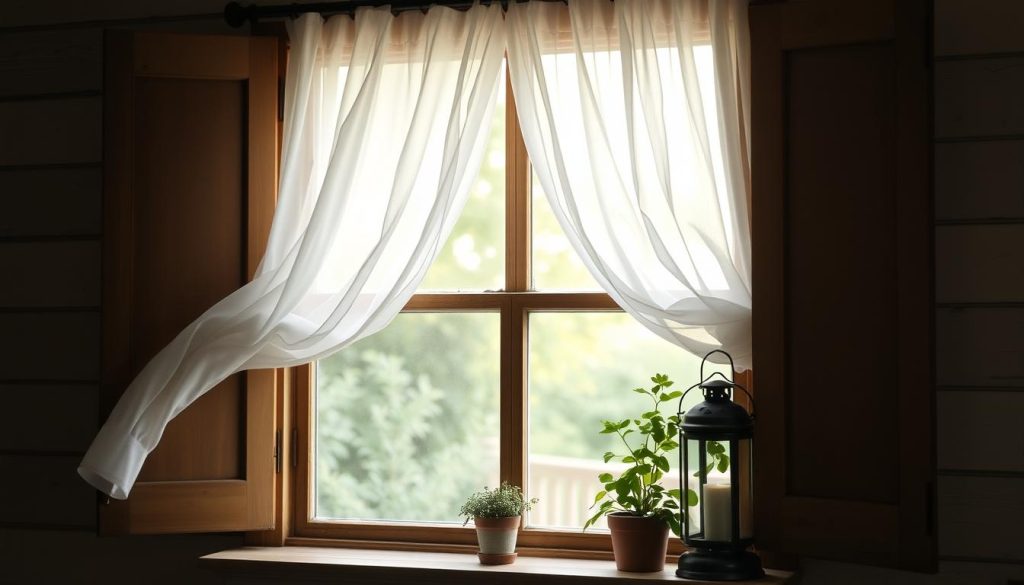 A cozy farmhouse-style window, adorned with crisp white sheer curtains that flutter gently in the breeze. The curtains are framed by rustic wooden window casings, complemented by a charming window sill adorned with potted greenery and a vintage lantern. Soft, warm lighting from the exterior casts a welcoming glow, creating an inviting and tranquil atmosphere. The scene is captured from a slightly elevated angle, showcasing the harmonious blend of natural elements and timeless design that embodies the essence of farmhouse-inspired window treatments.