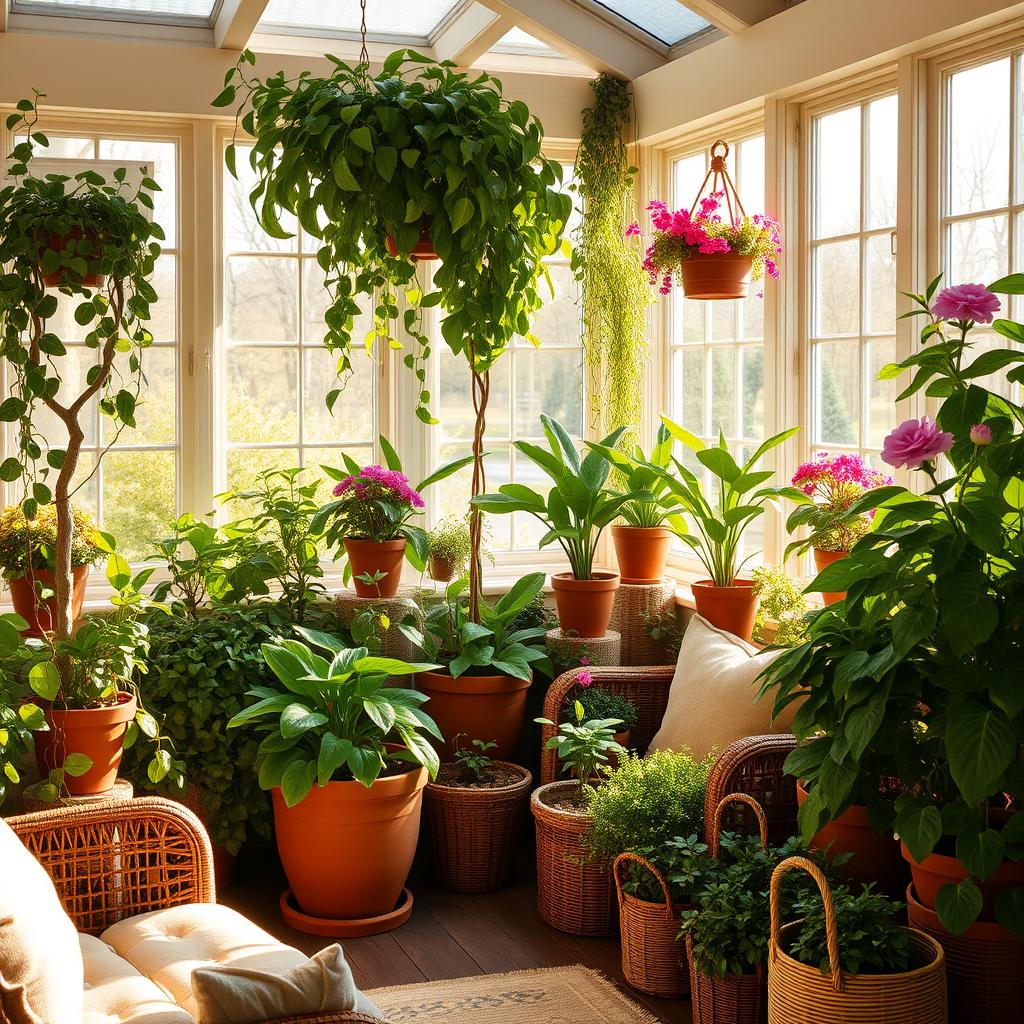 A cozy farmhouse sunroom filled with an abundance of lush, vibrant potted plants arranged in a harmonious composition. The room is bathed in warm, natural light streaming through large windows, casting a soft, golden glow. Trailing vines and fragrant blooms spill over the rims of the terracotta pots, creating a serene, welcoming atmosphere. The plants are meticulously cared for, their leaves glistening with health. Plush, neutral-toned furniture invites relaxation, while wooden accents and woven textures add rustic charm. The overall scene exudes a sense of tranquility and connection with nature, perfectly capturing the essence of a farmhouse sunroom.