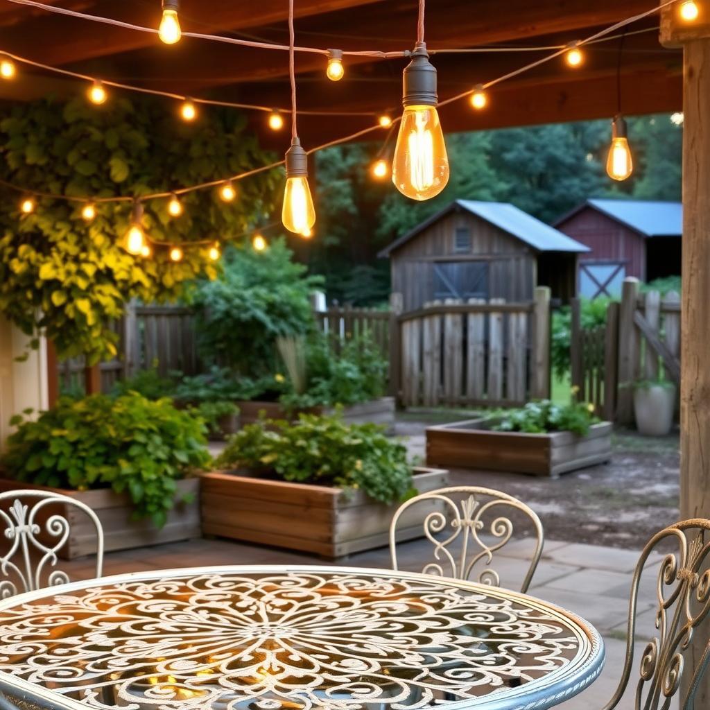 A cozy outdoor patio nestled in a rustic farmhouse setting, bathed in the warm glow of vintage string lights that cast a soft, inviting ambiance. In the foreground, an ornate wrought-iron table and chairs, weathered by time, invite guests to linger and soak in the tranquil atmosphere. The middle ground features lush, overgrown greenery spilling over the edges of raised garden beds, adding a touch of natural charm. In the background, a weathered wooden fence and a barn in the distance, completing the quintessential farmhouse aesthetic. The lighting fixtures, with their Edison-style bulbs, create a cozy, romantic vibe, perfect for a relaxing evening under the stars.
