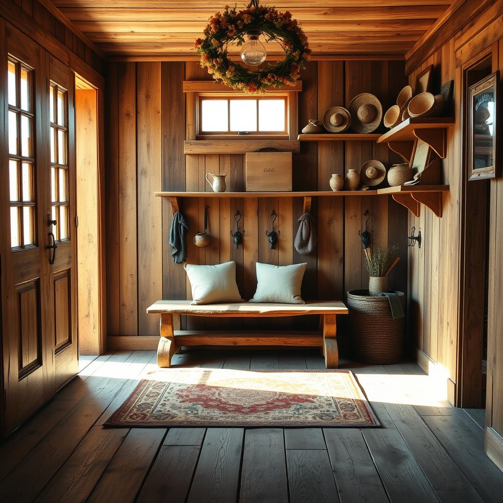 A cozy rustic farmhouse entryway, bathed in warm natural light filtering through a large, weathered wooden door. The floor is covered in worn, distressed wood planks, complemented by a vintage area rug in earthy tones. A sturdy wooden bench with plush cushions sits beneath a row of antique hooks, perfect for hanging coats and bags. The walls are adorned with rustic wooden shelves displaying weathered pottery, straw hats, and other charming farmhouse accents. Soft, ambient lighting casts a welcoming glow, while a wreath of dried flowers hangs above, adding a touch of pastoral elegance. The space exudes a sense of timeless, lived-in comfort, inviting visitors to step inside and experience the charm of the countryside.