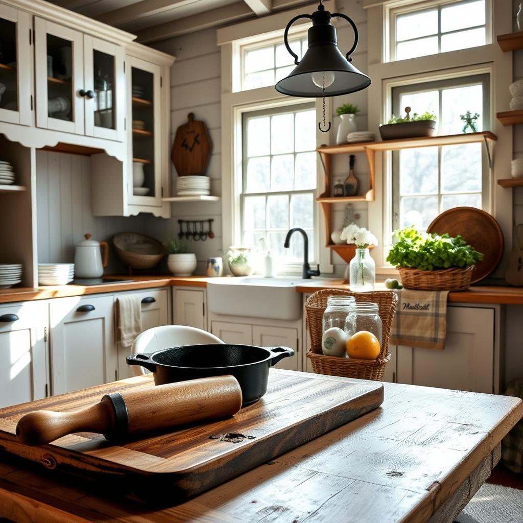 A cozy, rustic farmhouse kitchen filled with white wooden cabinets, open shelving, and vintage-inspired decor. Sunlight streams through large windows, casting a warm glow on a farmhouse-style table with simple white dishes, mason jars, and a woven basket overflowing with fresh produce. In the foreground, an old-fashioned cast-iron skillet and rolling pin sit atop a well-worn wooden cutting board. The overall atmosphere is one of comfortable, homespun charm, perfect for the "Farmhouse Decor for the Kitchen" section.