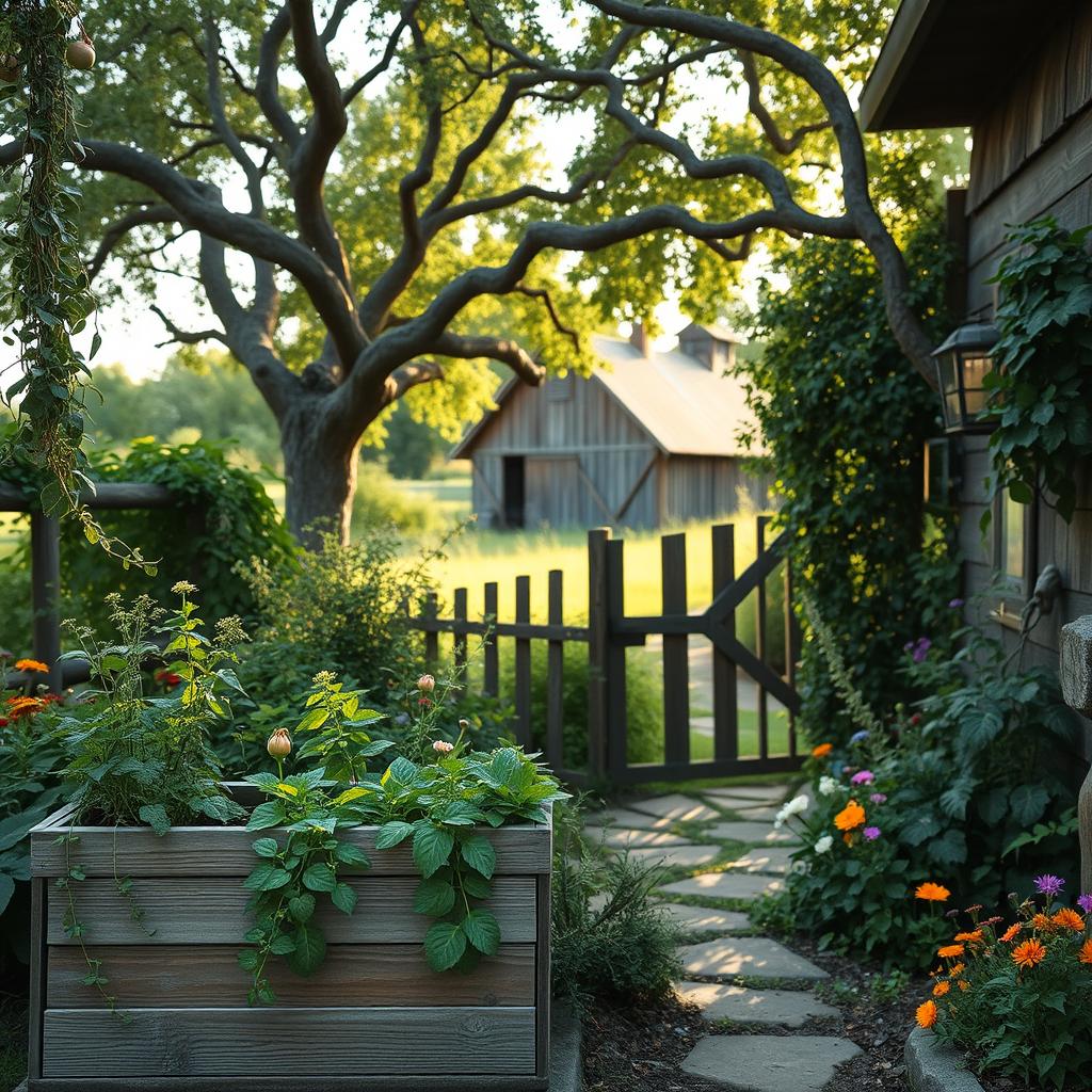 A cozy rustic garden filled with lush greenery and weathered wood accents. In the foreground, a small wooden planter box overflows with fragrant herbs and cascading vines. Beyond, a wrought-iron garden gate leads into a stone pathway lined with colorful wildflowers. Dappled sunlight filters through a canopy of gnarled apple trees, casting a warm, golden glow. In the distance, a weathered barn silhouette adds charming character to the scene. The overall atmosphere evokes a sense of tranquility and simple pleasures, perfect for a small, intimate outdoor oasis.