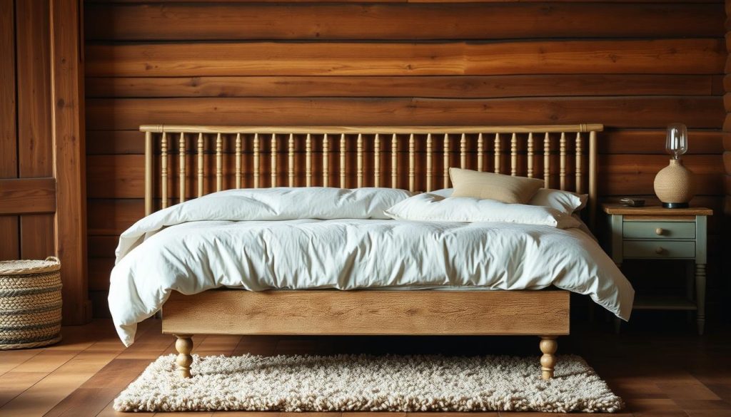 A cozy spindle bed frame set against a warm, rustic farmhouse backdrop. The slatted headboard and footboard have a distressed, vintage-inspired finish, complemented by plush bedding in soft neutral tones. Gentle side lighting casts a gentle glow, creating a tranquil, inviting atmosphere. The wooden floorboards are topped with a plush, earthy area rug, adding to the overall sense of comfort and timelessness. The scene evokes a peaceful, rejuvenating retreat, perfect for a farmhouse-inspired bedroom design.