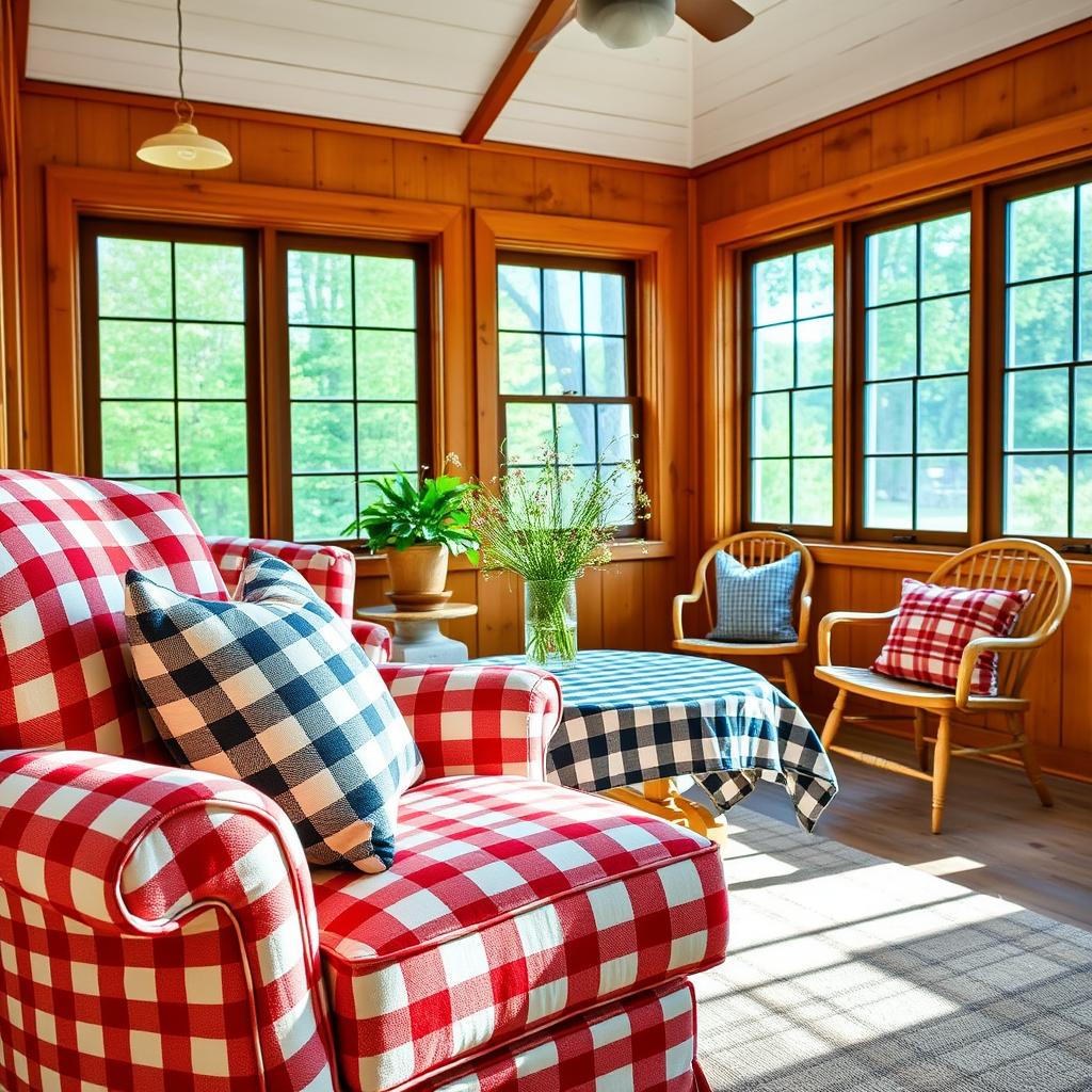 A cozy sunroom filled with an eclectic mix of gingham and plaid patterns. The foreground features a plush armchair upholstered in a classic red and white gingham, complemented by a throw pillow in a complementary buffalo check pattern. In the middle ground, a wooden side table showcases a vase of fresh wildflowers, its surface adorned with a navy and white gingham tablecloth. The background boasts large windows, allowing natural light to pour in and illuminate the space, casting a warm, rustic ambiance. The walls are paneled in warm, weathered wood, and the floor is covered in a neutral-toned plaid rug, tying the entire scene together in a harmonious farmhouse-inspired aesthetic.