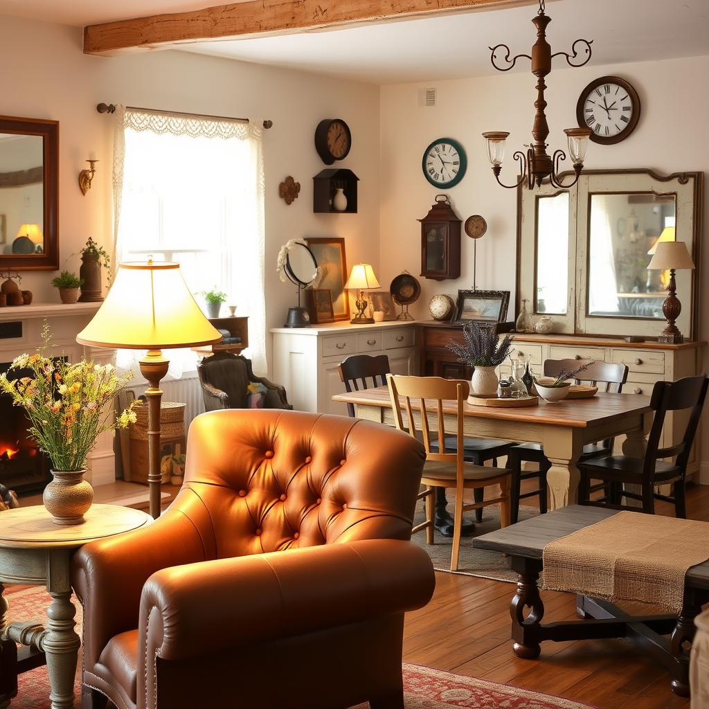 A cozy vintage farmhouse living room, illuminated by the warm glow of antique brass floor lamps and a crackling fireplace. In the foreground, a plush tufted leather armchair and a weathered wooden side table adorned with a vase of fresh wildflowers. Across the room, a rustic farmhouse-style dining table surrounded by mismatched wooden chairs, adorned with a burlap runner and a centerpiece of dried lavender. The walls are adorned with vintage framed art, a collection of antique clocks, and a large distressed mirror. Soft, filtered natural light filters in through lace-draped windows, creating a timeless, inviting atmosphere.