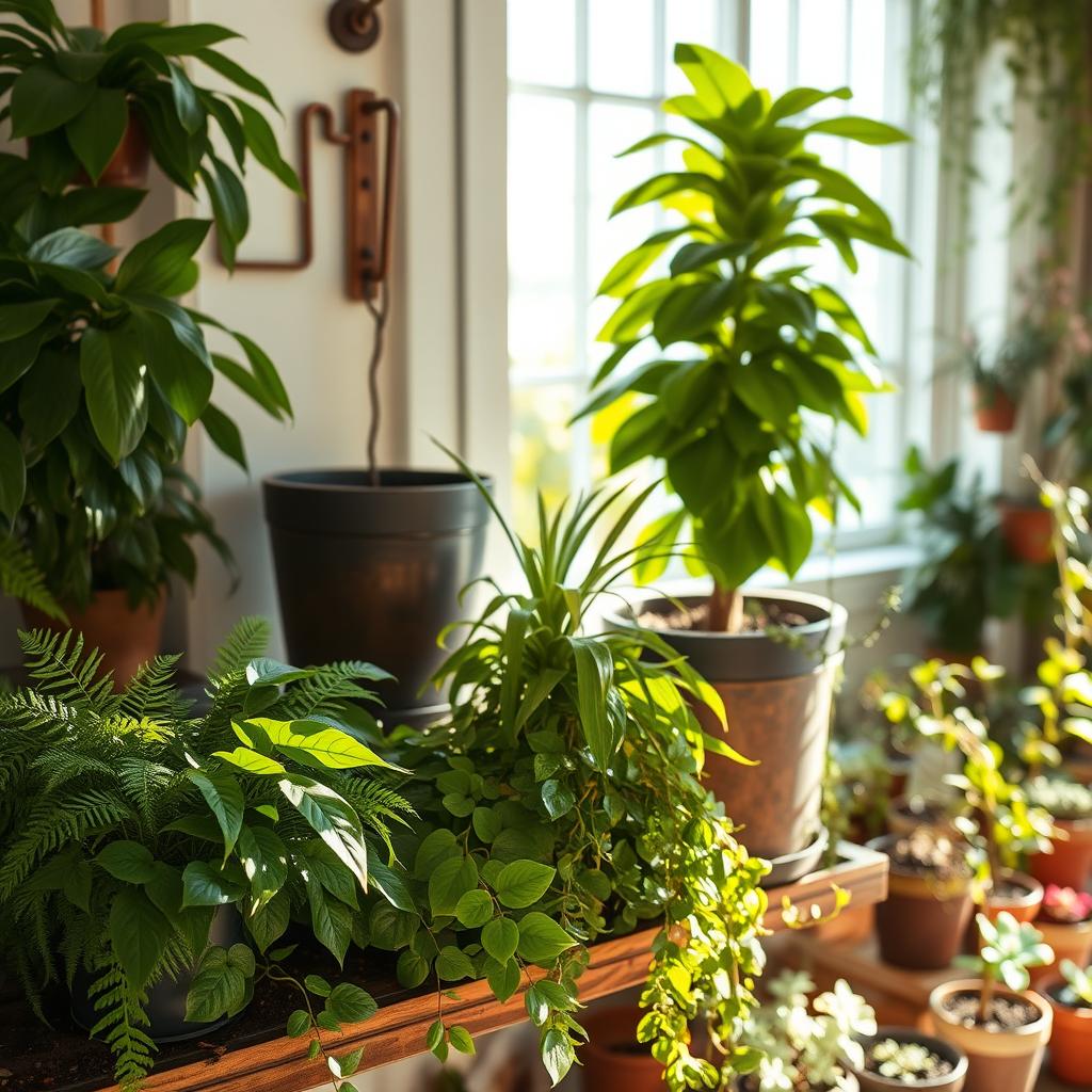 A cozy, well-lit indoor scene filled with a variety of lush, thriving potted plants. In the foreground, a mix of leafy houseplants like ferns, philodendrons, and succulents are placed on a rustic wooden shelf, their verdant foliage cascading gracefully. The middle ground features a larger potted fiddle-leaf fig tree, its broad leaves catching the warm, natural light streaming in through a large window. In the background, a collection of smaller potted plants, including trailing vines and delicate flowering varieties, adds depth and texture to the tranquil, nature-inspired setting. The overall atmosphere is one of serene, earthy elegance, perfectly suited to complement the "Farmhouse Chic" aesthetic.
