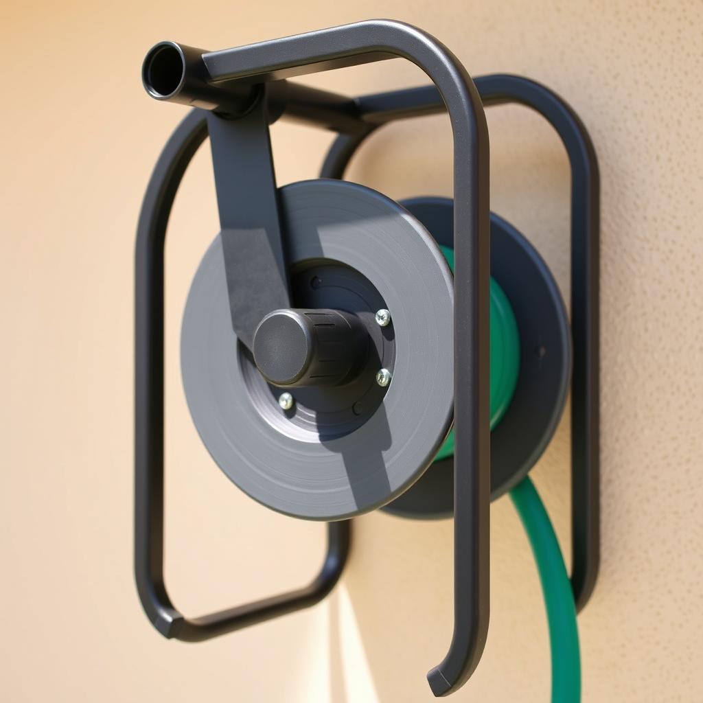 A detailed close-up shot of a sturdy garden hose reel, showcasing its key features. The reel is made of durable metal, with a smooth spool for effortless hose winding. The frame has a sleek, modern design with clean lines and a matte black finish. The reel is mounted on a wall, with a neutral beige background that emphasizes the product's form and function. Bright, natural lighting highlights the textural details of the metal, creating a sense of depth and dimensionality. The overall mood is one of practicality and high-quality craftsmanship, suitable for a gardening or home improvement article.