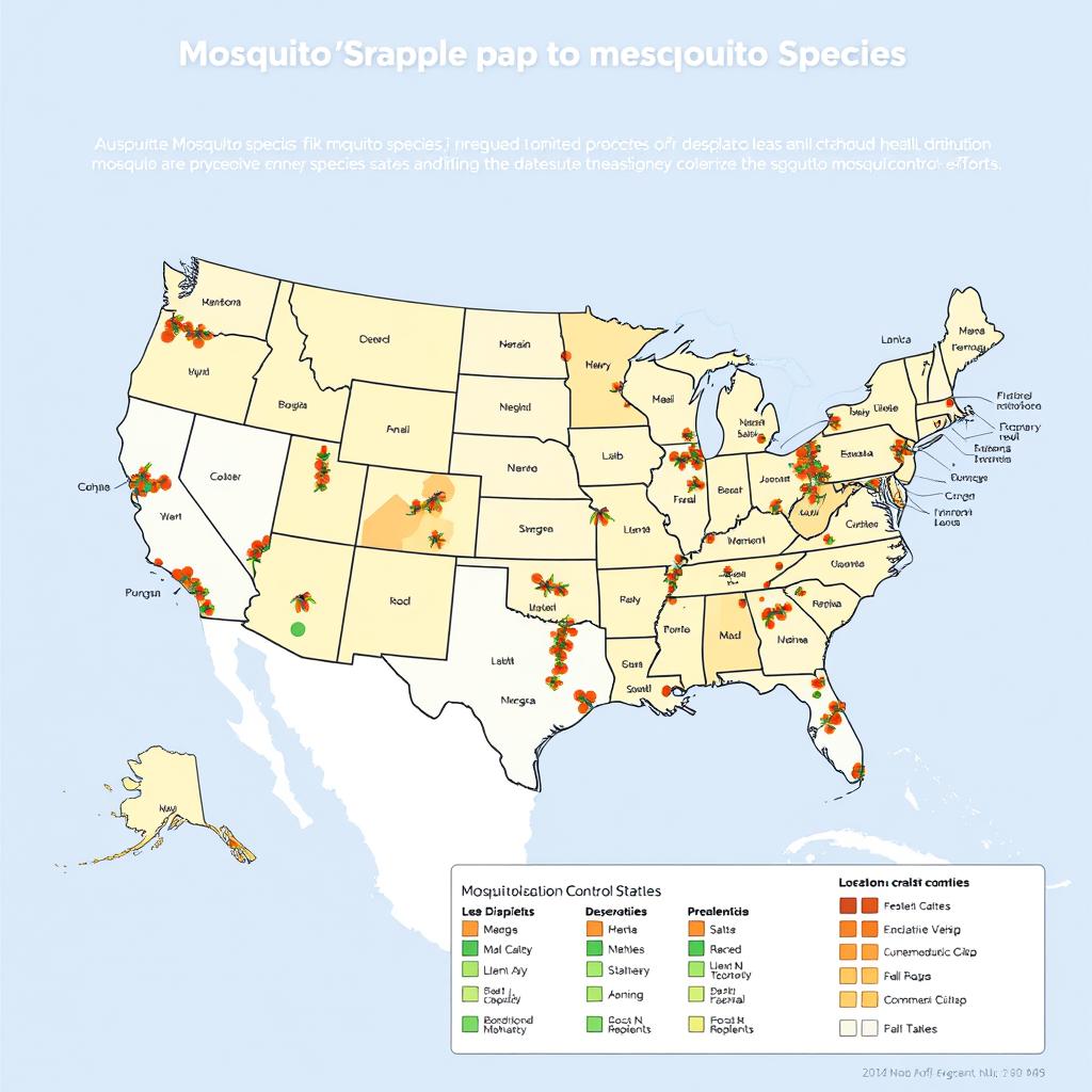 A detailed, high-resolution map of the United States, displaying the geographic distribution and prevalence of various mosquito species relevant to mosquito control efforts. The map should feature distinct color-coding and clear delineation of regional boundaries, highlighting the unique mosquito populations found across different states and localities. The layout should be clean and visually appealing, with a focus on providing a comprehensive and informative overview of the topic. Rendered with a realistic, cartographic style and appropriate shading and lighting to convey depth and clarity. The overall impression should be that of a authoritative, data-driven resource for understanding the local mosquito species that may impact effective mosquito control strategies.