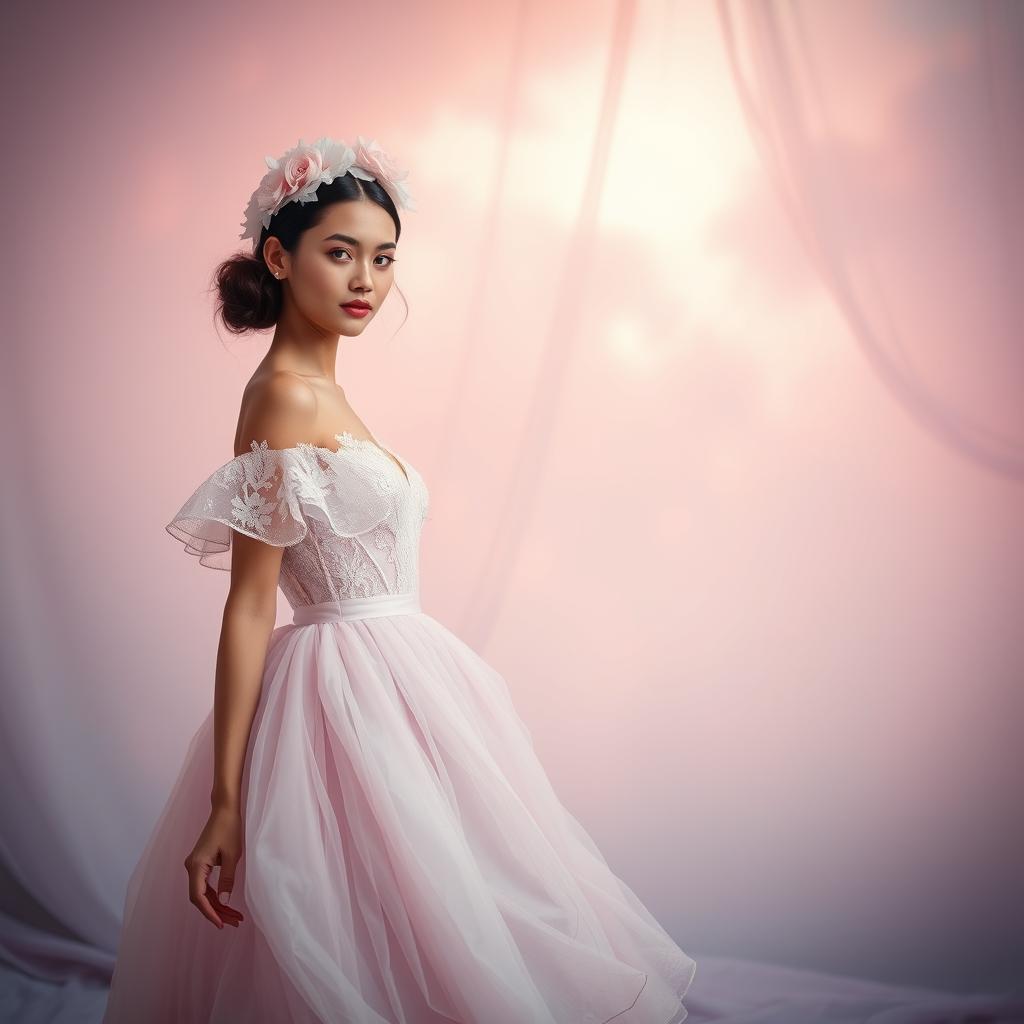 A dreamy, pastel-hued fashion scene set against a soft, ethereal backdrop. In the foreground, a model gracefully poses, adorned in a delicate, candy-colored dress with intricate lace detailing and a flowy, voluminous silhouette. The dress is complemented by a matching pastel headpiece, creating a whimsical, romantic look. The middle ground features a subtly blurred, pastel-tinted environment, with soft, hazy lighting casting a warm, gentle glow. In the background, a muted, muted color palette of soft pinks, lavenders, and mint greens sets the stage for this enchanting, candy-colored fashion moment.