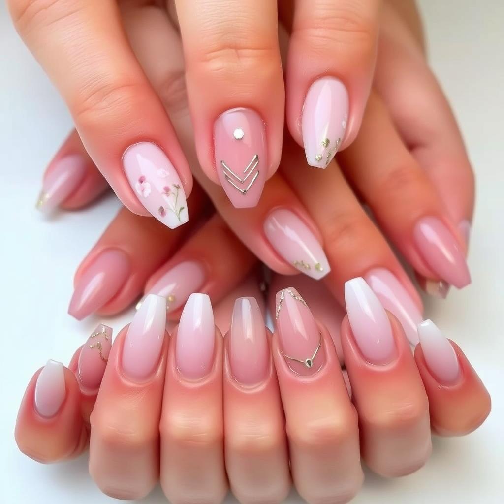 A elegantly manicured set of almond-shaped nails, each adorned with a unique and chic design. The nails are captured in a soft, natural lighting, showcasing their sleek and sophisticated silhouette. The foreground features a range of intricate nail art, including delicate floral patterns, minimalist lines, and subtle metallic accents. The middle ground presents a cohesive and harmonious arrangement of the nails, highlighting their versatility and timeless appeal. The background is kept simple and uncluttered, allowing the nails to take center stage and exude an aura of refined elegance. This image perfectly encapsulates the essence of the "Chic Almond Nail Ideas for Every Occasion" section, inspiring readers with a range of stylish and versatile almond nail designs.