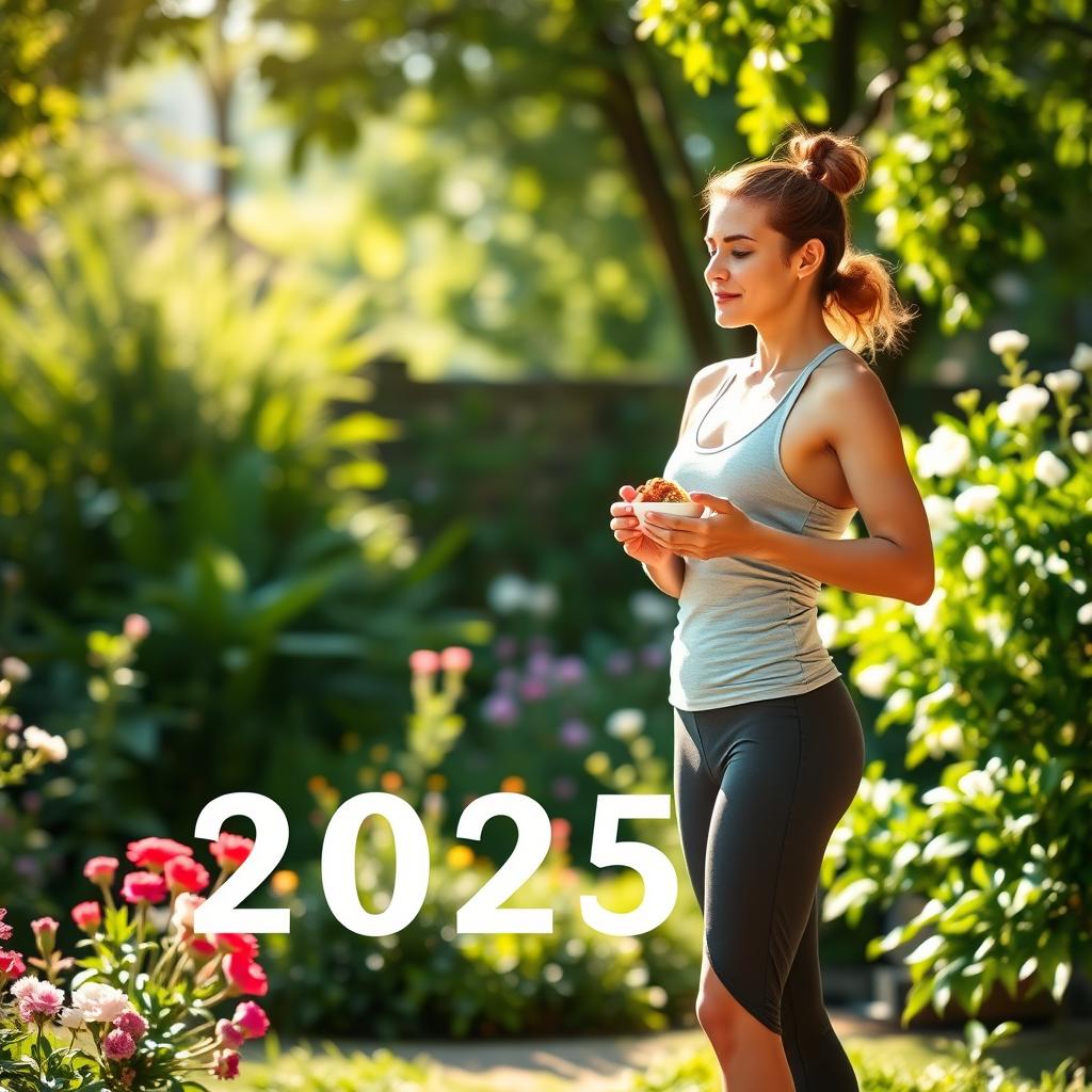 A fit, healthy individual standing in a serene, sun-dappled garden, surrounded by lush greenery and blooming flowers. The subject is enjoying a nutritious, colorful meal while engaged in gentle yoga or stretching exercises, embodying a balanced, mindful approach to self-care. The lighting is warm and natural, casting a soft glow on the scene. The image conveys a sense of tranquility, vitality, and a holistic commitment to personal well-being in the year 2025.